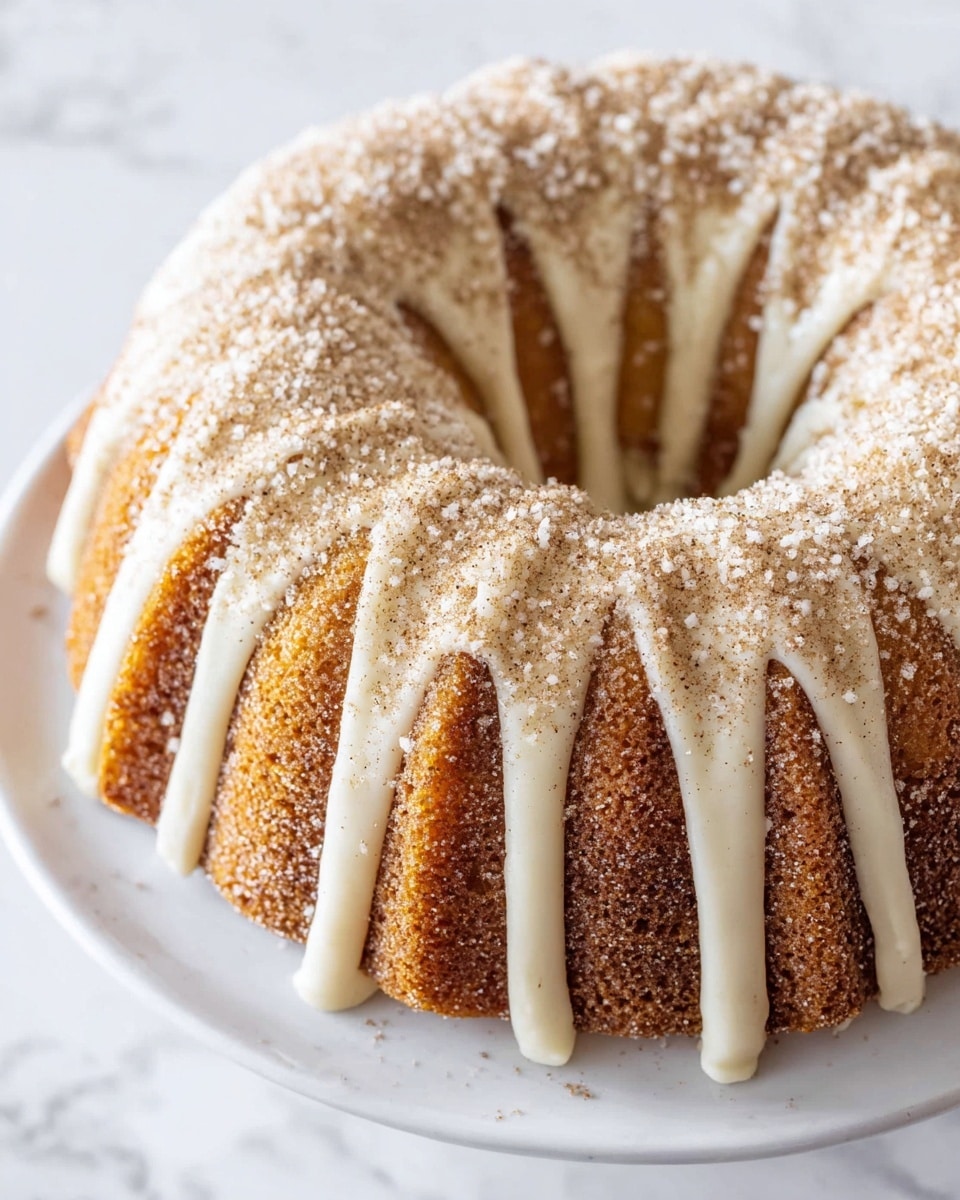 A golden brown bundt cake sits on a white plate, with thick, creamy white icing drizzled in neat vertical lines over the top, flowing down the ridges of the cake evenly. Coarse sugar crystals and a light dusting of cinnamon sprinkle densely over the icing, adding a sparkling texture that catches light. The plate is placed on a white marbled surface seen in the background. photo taken with an iphone --ar 4:5 --v 7