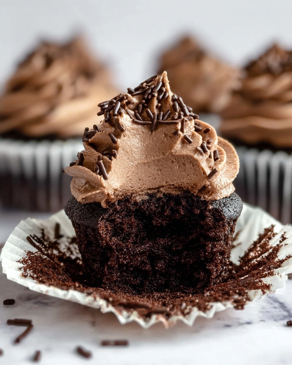 A dark chocolate cupcake with a moist, rich black-brown base partly wrapped in a crinkled white paper liner sits on a white marbled surface. On top, a thick swirl of light to medium brown chocolate frosting rises in layers, textured with soft peaks and sprinkled generously with small, dark chocolate sprinkles. In the foreground, the cupcake is bitten into, revealing the dense, moist crumb inside. More cupcakes with similar frosting and sprinkles are blurred in the background, emphasizing the main cupcake. Some scattered dark chocolate sprinkles lie on the surface around it. photo taken with an iphone --ar 4:5 --v 7