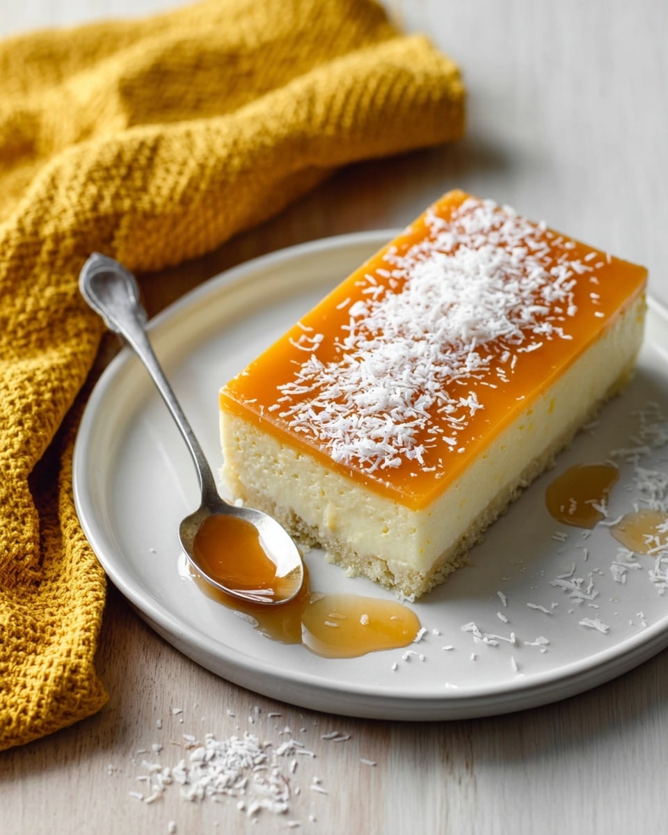 A rectangular dessert with two visible layers sits on a white plate placed on a white marbled texture. The bottom layer is thick, creamy, and pale yellow with a slightly crumbly texture at the edges. The top layer is a smooth, bright caramel-like orange glaze sprinkled evenly with white coconut flakes, creating a grated texture. Some caramel sauce from the top layer is drizzled slightly onto the plate around the dessert. A small silver spoon with a bit of caramel sauce rests on the plate to the left of the dessert. A yellow textured cloth is placed near the bottom left corner of the plate. Photo taken with an iphone --ar 4:5 --v 7