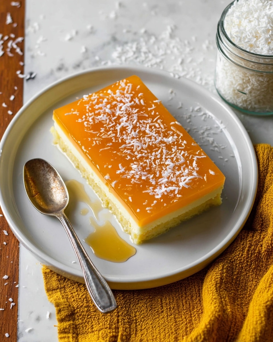 A rectangular slice of layered dessert sits on a white plate placed on a white marbled surface. The dessert has two visible layers: the bottom layer is pale yellow and soft-looking, while the top layer is a smooth, shiny orange glaze. The orange layer is sprinkled evenly with fine white coconut flakes. To the left of the plate is a silver spoon resting on the plate, with some syrup on it and a small syrup puddle on the plate next to it. A mustard yellow textured cloth is partially visible below the plate, and a jar filled with white coconut flakes is seen above the plate. Photo taken with an iphone --ar 4:5 --v 7
