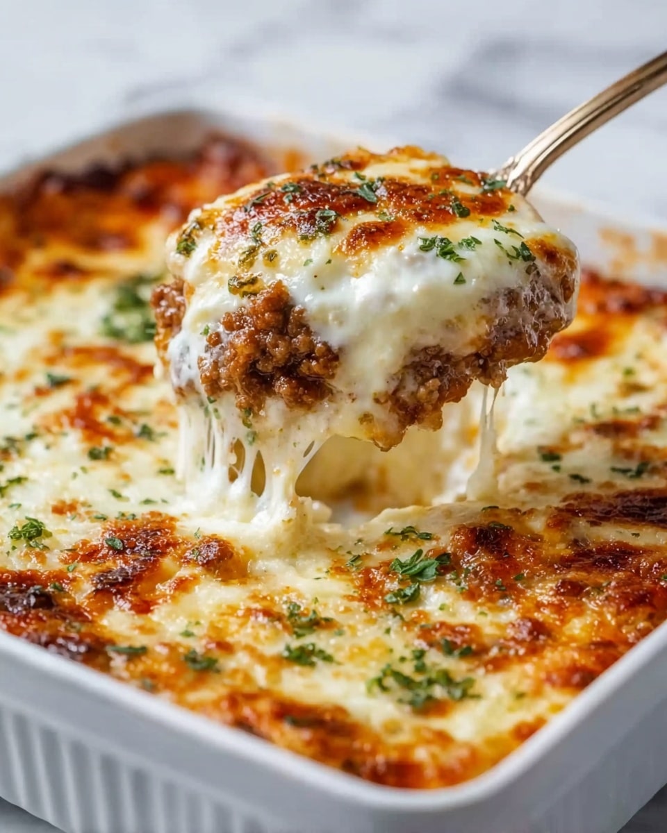 A close-up view of a white rectangular baking dish filled with a baked dish that has multiple layers. The top layer is golden brown melted cheese with some darker browned spots and sprinkled with green herb leaves. Underneath the cheese, there is gooey white melted cheese stretching as a spoon lifts a portion. Below that, a layer of cooked, brown ground meat is visible. The dish sits on a white marbled surface, creating a clean and bright background. photo taken with an iphone --ar 4:5 --v 7
