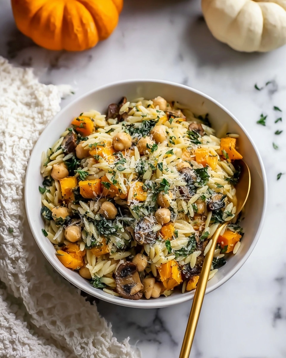 A white bowl filled with a layered dish showing a mix of small pale yellow orzo pasta grains, orange chunks of roasted butternut squash, beige chickpeas, dark green wilted kale, and light brown sliced mushrooms, all mixed together and sprinkled lightly with grated cheese and chopped herbs on top, with a shiny gold spoon resting on the side inside the bowl, placed on a white marbled textured surface next to a white textured cloth and a small orange pumpkin. photo taken with an iphone --ar 4:5 --v 7
