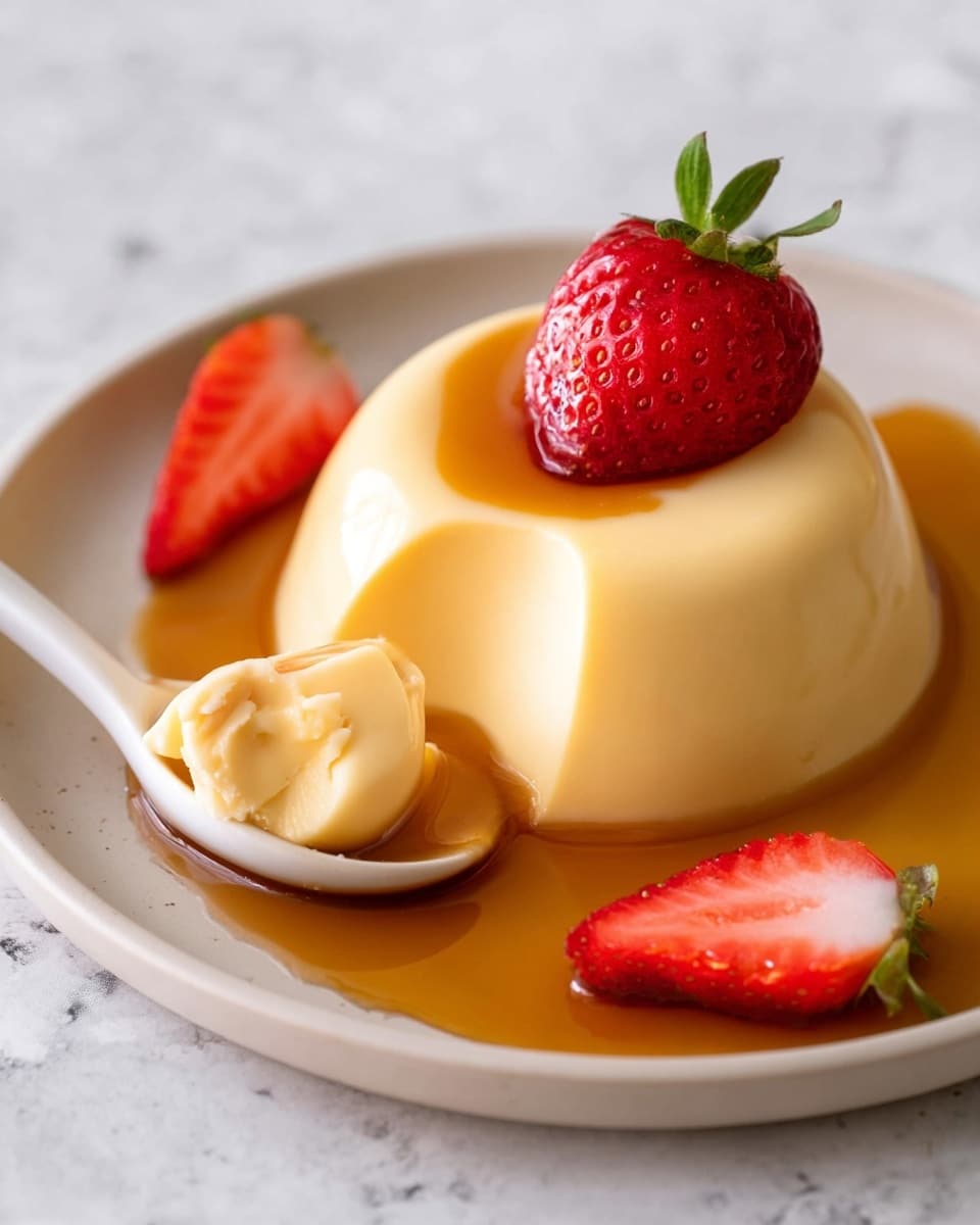 A smooth, creamy, pale yellow panna cotta sits on a white plate with a layer of thick, golden caramel sauce spreading out underneath it. On top of the panna cotta, there is a bright red strawberry half with its green leaves still attached. Next to the panna cotta, three more strawberry halves lay scattered on the plate. A white spoon holds a scoop of the panna cotta, showing its soft and silky texture. The whole scene is set against a white marbled surface. photo taken with an iphone --ar 4:5 --v 7