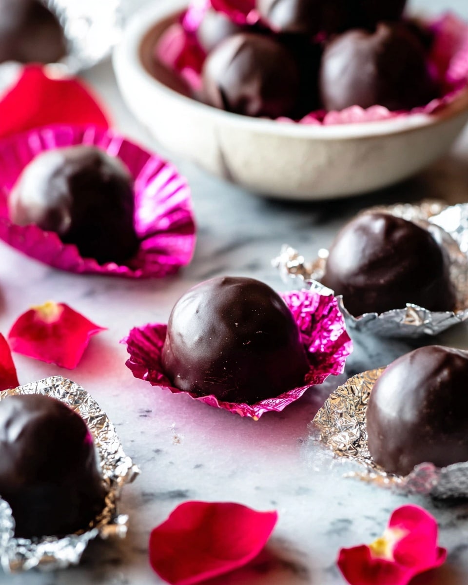 A close-up view of round chocolate truffles covered in dark chocolate, some sitting on crumpled shiny silver and pink foil wrappers scattered on a white marbled surface. The truffles have a smooth and slightly glossy texture, with a dome shape and small peaks on top. Around the truffles, bright red rose petals add color and softness to the scene. In the background, a white bowl filled with more truffles, both wrapped and unwrapped, sits slightly out of focus. The lighting is bright and natural, highlighting the smooth surfaces and foil reflections. photo taken with an iphone --ar 4:5 --v 7