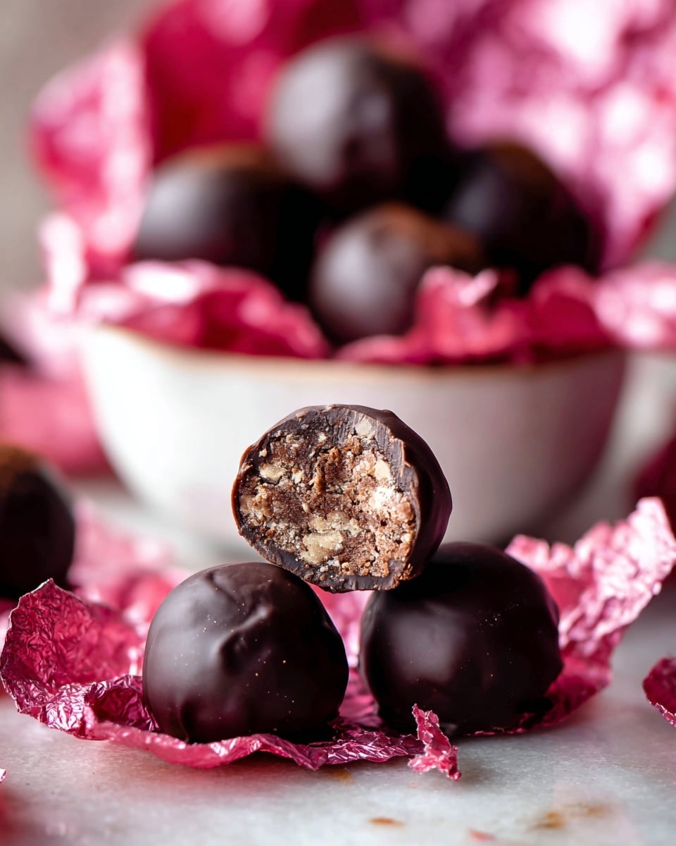 The image shows several dark chocolate truffles resting on crumpled shiny pink foil, placed on a white marbled surface. The truffles have a smooth, glossy dark brown outer layer. One truffle is cut open in the center, showing a dense, rich interior with visible bits of nuts or crunchy pieces inside, creating a textured, brown and light tan filling. In the background, there is a white bowl filled with more truffles wrapped in the same shiny pink foil, softly blurred to keep focus on the foreground truffles. photo taken with an iphone --ar 4:5 --v 7