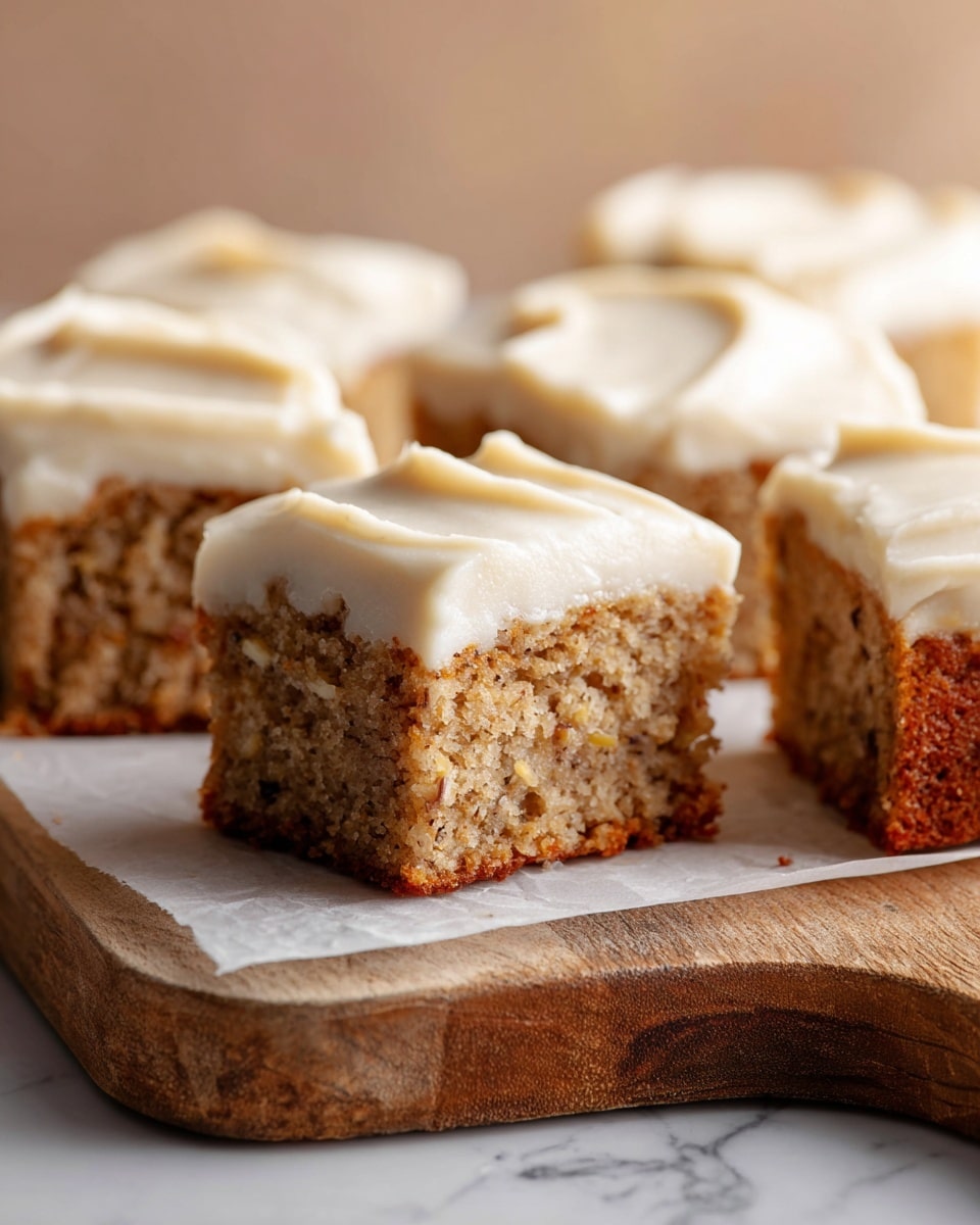 A close-up view of five square pieces of cake with two visible layers: a thick bottom layer of light brown moist cake with small nut pieces, and a smooth, creamy, off-white frosting layer on top. The cake squares have slightly rough edges with some crumbs, and the frosting has gentle swirls and a glossy finish. The cakes are placed on white parchment paper over a rustic wooden board, set on a white marbled surface. The background is softly blurred with warm neutral tones, focusing attention on the cakes. photo taken with an iphone --ar 4:5 --v 7