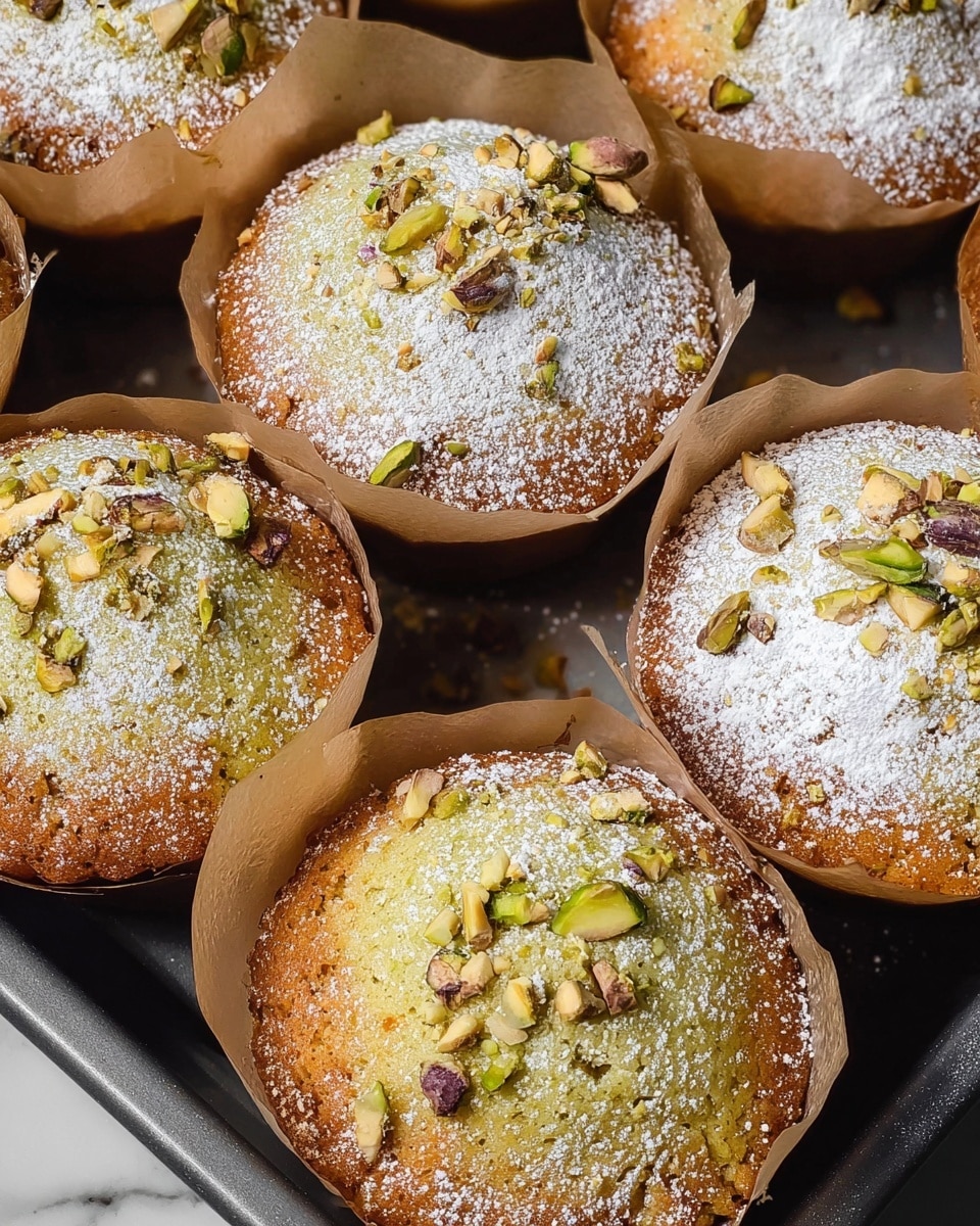 The image shows several round, golden-green cupcakes wrapped in light brown parchment paper, arranged closely together on a dark tray with a white marbled texture underneath. Each cupcake has a slightly domed top with a textured, crumbly surface that is dusted generously with white powdered sugar. Scattered across the top are small pieces of chopped nuts, primarily pistachios, adding a mix of light brown, green, and off-white colors. The cupcakes have a soft, moist appearance with a smoothly baked edge that is a bit darker golden brown, contrasting with the lighter center. photo taken with an iphone --ar 4:5 --v 7