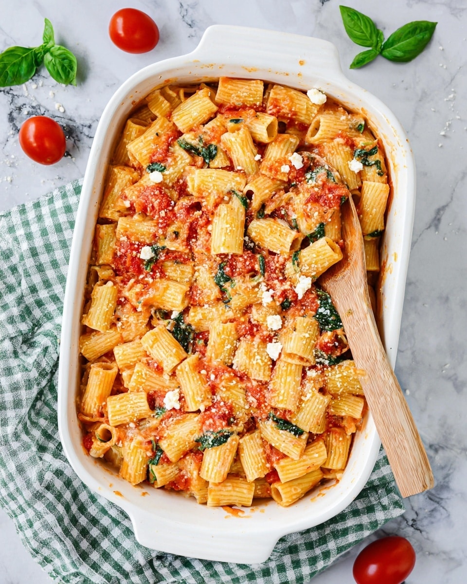 The image shows a white baking dish filled with one layer of cooked rigatoni pasta mixed with red tomato sauce, small white crumbles of cheese, and green spinach leaves. The pasta pieces are pale yellow with ridged texture, scattered evenly throughout the dish along with the sauce and cheese. A wooden spoon with light and dark wood grain rests inside the dish, partially covered by the pasta mixture. The dish sits on a white marbled surface with a green and white checkered cloth folded next to it. Around the dish, a few whole red cherry tomatoes and green basil leaves are placed. Photo taken with an iphone --ar 4:5 --v 7