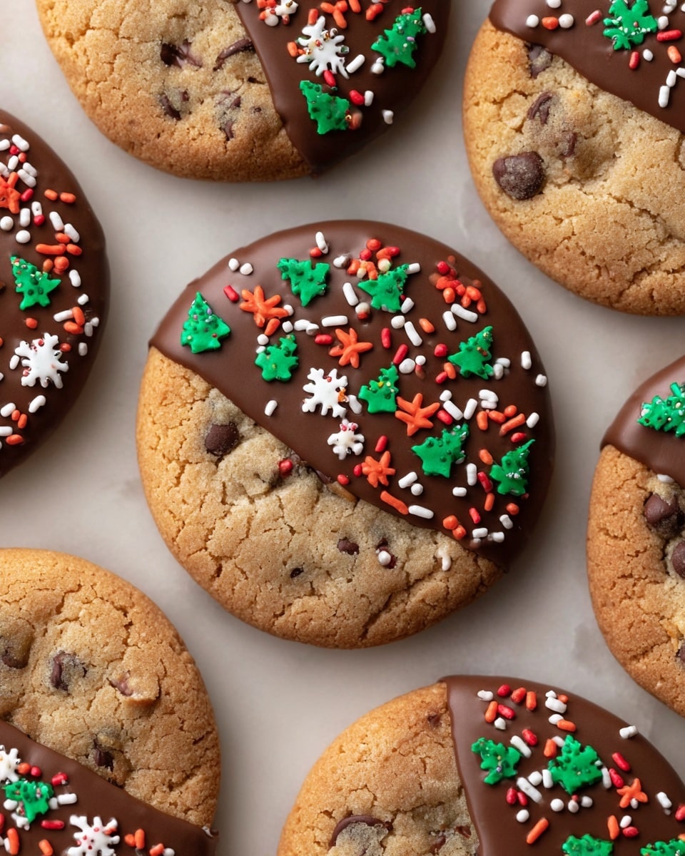 The image shows several round chocolate chip cookies with a rough, chewy texture, each partially dipped in smooth, glossy dark chocolate covering nearly half of the cookie. On top of the chocolate layer, there are festive sprinkles in the shapes of gingerbread men, Christmas trees, candy canes, and snowflakes in bright red, green, white, and orange colors, scattered evenly. The cookies' base is a light golden brown with visible small chocolate chips embedded throughout. They are placed on a clean white marbled surface. photo taken with an iphone --ar 4:5 --v 7
