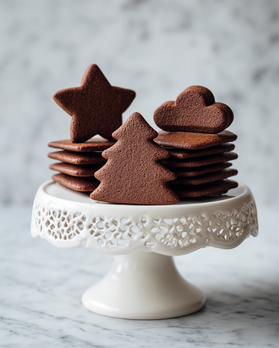 The image shows three stacks of dark brown cookies in different shapes placed on a white ceramic cake stand with patterns around the edge and base. Each stack has about five cookies. The shapes include a triangle, a star with five points, and a cloud-like shape with three scalloped curves. The cookies have a smooth texture and even thickness. The background is a white marbled surface. photo taken with an iphone --ar 4:5 --v 7