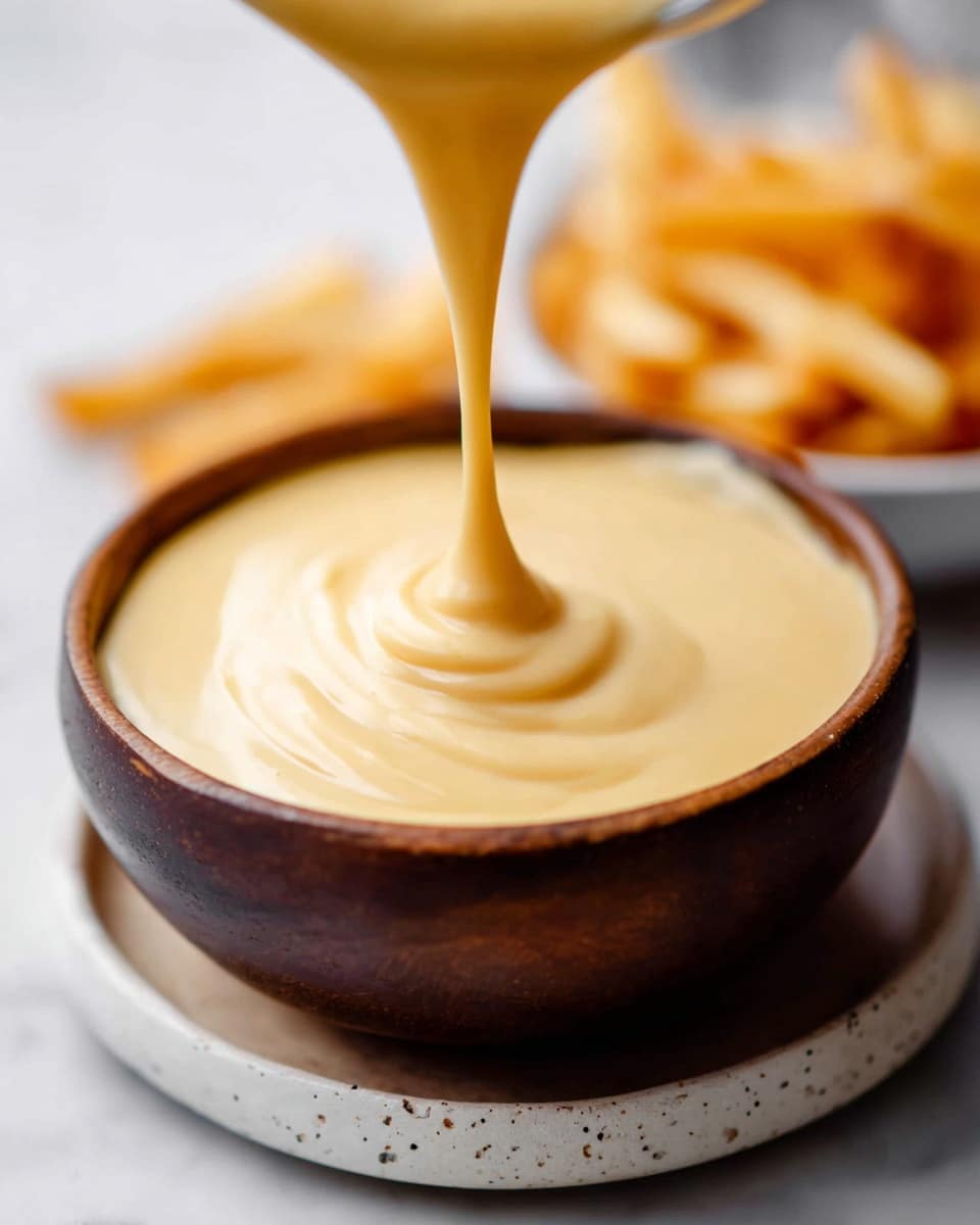 A thick, creamy, pale yellow sauce is being poured in a smooth, swirling motion into a round dark wooden bowl placed on a white plate with gray speckles, all set on a white marbled surface. In the background, blurred golden fries are visible on another white plate, adding a warm contrast to the image. The sauce's texture is smooth and glossy, capturing the rich flow as it falls into the bowl. Photo taken with an iphone --ar 4:5 --v 7