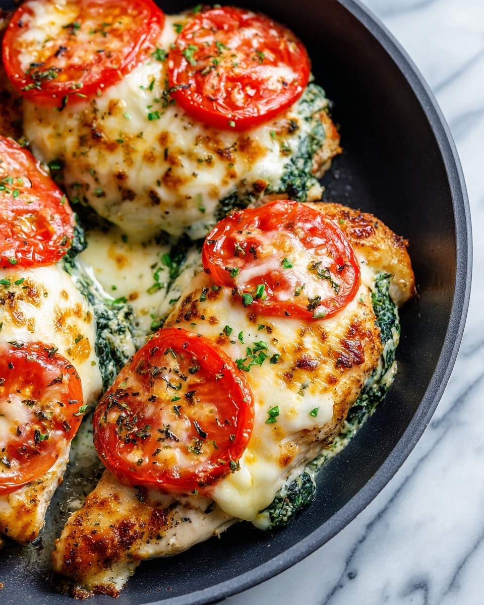 The image shows pieces of cooked chicken breast in a black pan. Each piece is topped with three layers: the bottom layer is creamy green spinach mixed with melted white cheese, the middle layer consists of two slices of bright red tomato, and the top layer is a golden-brown melted cheese with some bubbling and slightly toasted spots. Small green herb bits are sprinkled on top for garnish. The edges of the chicken are lightly browned and juicy. The background is a white marbled texture. photo taken with an iphone --ar 4:5 --v 7