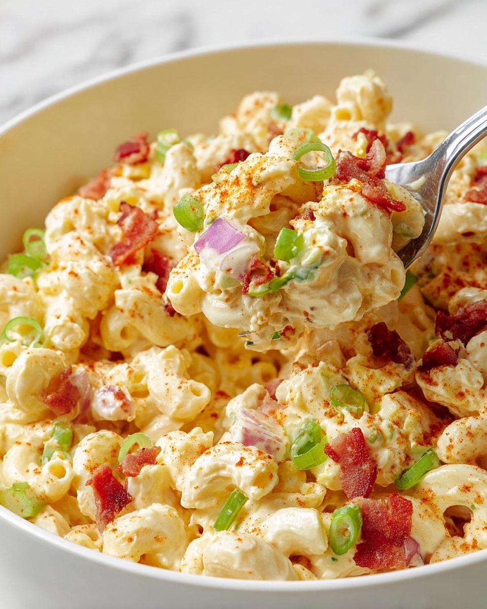 A white bowl filled with creamy macaroni salad made of small elbow macaroni coated in a thick, pale yellow mayonnaise dressing. Inside the salad, there are pieces of chopped boiled egg, bits of crispy red bacon, and small chunks of purple-red onion. The salad is topped with a light sprinkle of reddish paprika powder and garnished with bright green, thinly sliced scallions. A silver fork lifts a scoop of the salad, showing the creamy texture and mix of ingredients clearly against the white marbled background. Photo taken with an iphone --ar 4:5 --v 7