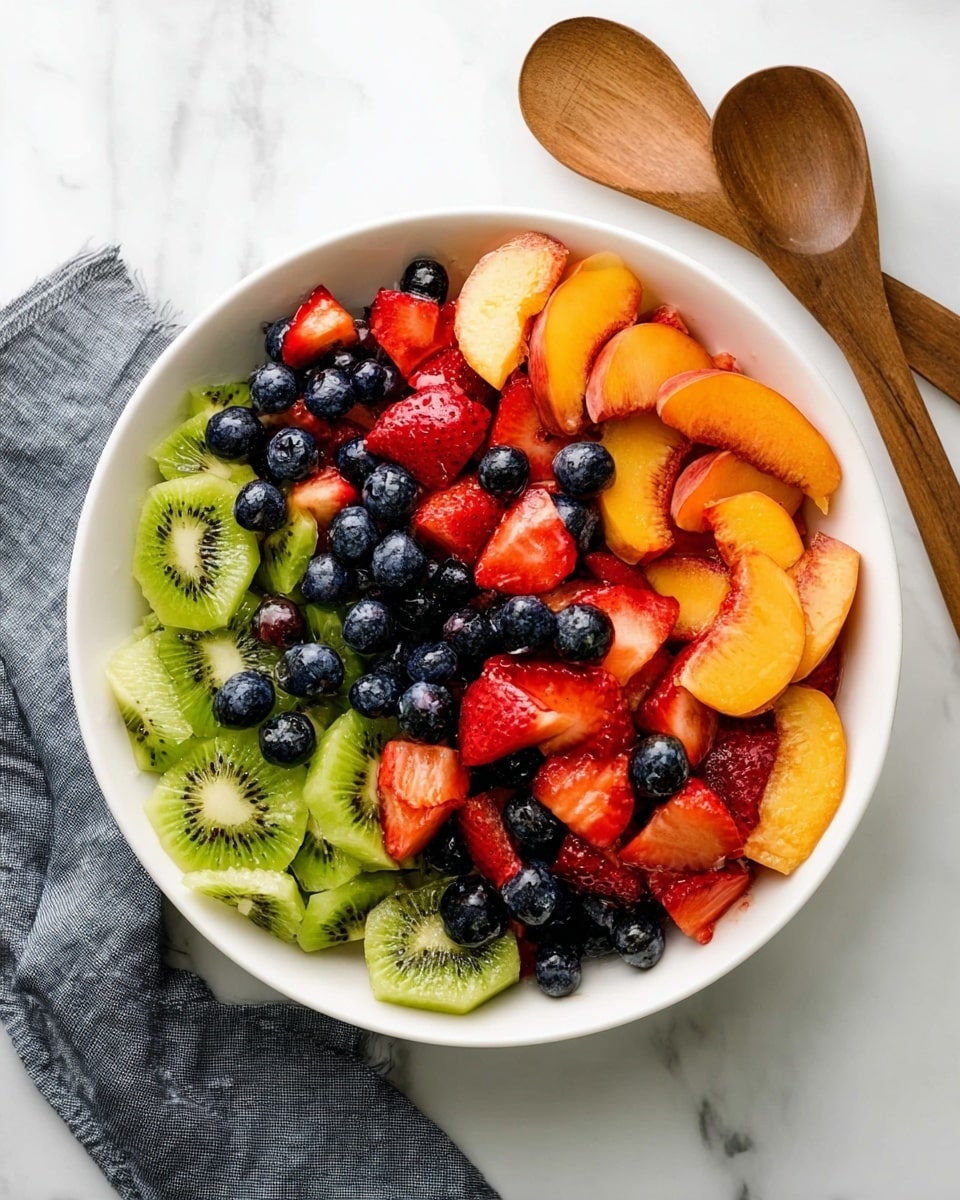 A white bowl filled with a colorful fruit salad that has four layers: the bottom layer is made of sliced green kiwi with visible seeds and soft, slightly translucent texture; the next layer contains bright red halved strawberries showing their juicy and seedy texture; the third layer has round, dark blue blueberries scattered throughout; the final layer is composed of orange peach slices with a smooth, slightly shiny surface placed on top and around the other fruits. The bowl is placed on a white marbled surface, next to two wooden spoons and a grey cloth. photo taken with an iphone --ar 4:5 --v 7