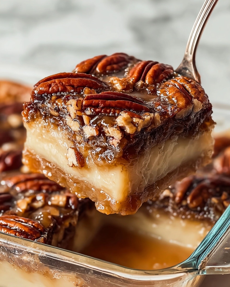 The image shows a square piece of pecan pie being lifted by a fork from a clear glass dish. The dessert has three main layers: the bottom layer is a sticky, golden-brown crust with caramel-like filling, the middle layer is a pale, creamy custard, and the top layer is dark brown with a glossy texture, covered with whole and chopped pecan nuts arranged evenly. The syrup glaze glistens on the surface and around the piece, with some syrup pooling beneath it. The background features a white marbled texture. The photo taken with an iphone --ar 4:5 --v 7
