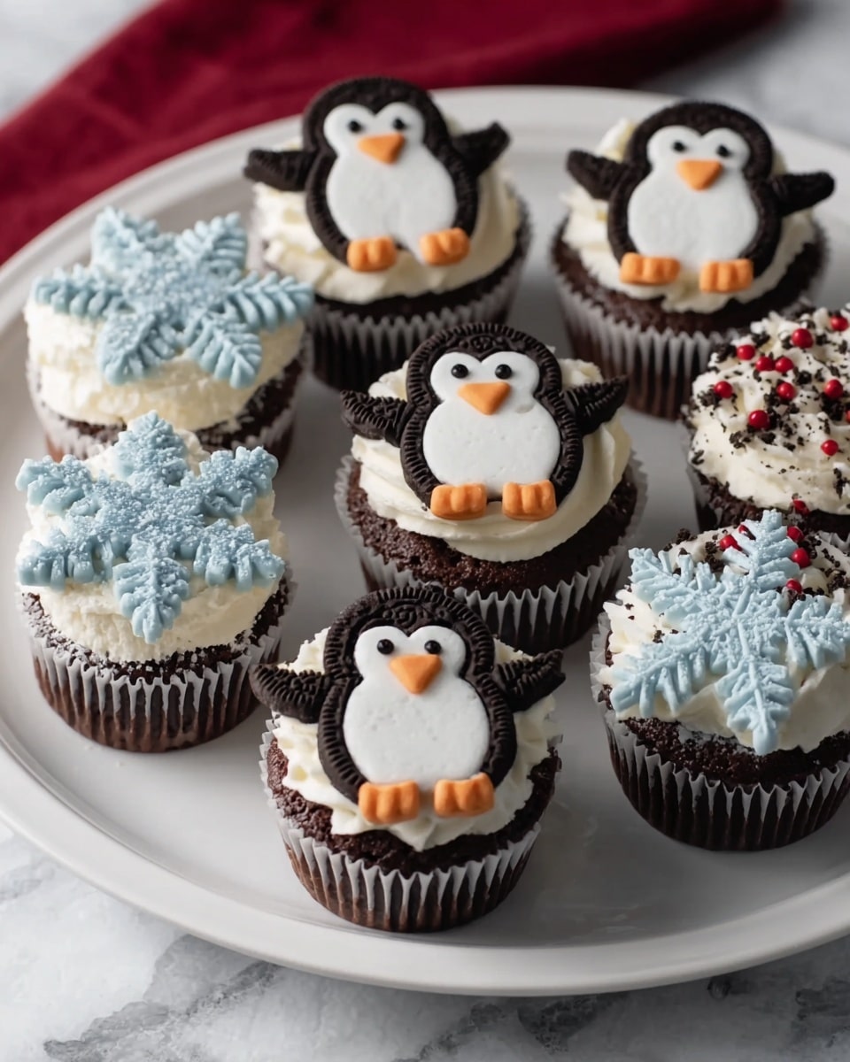 A white plate holds nine chocolate cupcakes with white frosting on top. Four cupcakes are decorated with blue snowflake shapes made of icing, showing detailed, textured branches. Three cupcakes have penguin figures made from cookies and icing, where dark cookie wings and heads frame white icing bodies with small black eyes, orange beak, and feet. The final two cupcakes have white frosting sprinkled with small dark cookie crumbs and tiny red candy beads on top. The plate sits on a white marbled texture, with a red cloth partially visible in the background. photo taken with an iphone --ar 4:5 --v 7