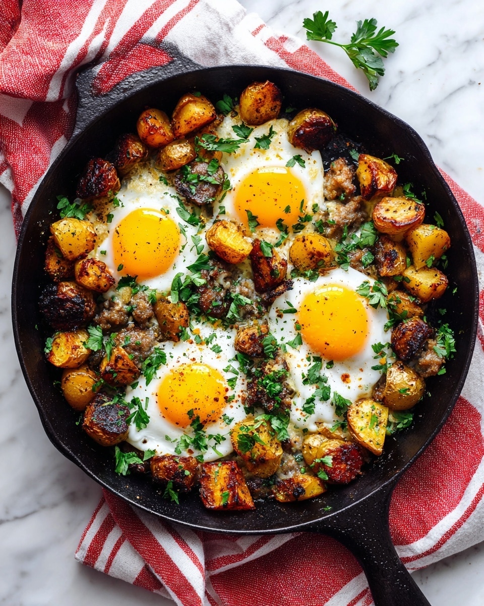 A black cast iron skillet sits on a white marbled surface with a red and white striped cloth underneath. Inside the skillet, there are three cooked eggs with bright yellow yolks and slightly browned white edges spread evenly in the center. Surrounding the eggs are roasted potato chunks with golden brown and crispy textures mixed with pieces of browned sausage. The dish is topped with scattered fresh green parsley leaves that add a pop of color. Photo taken with an iphone --ar 4:5 --v 7