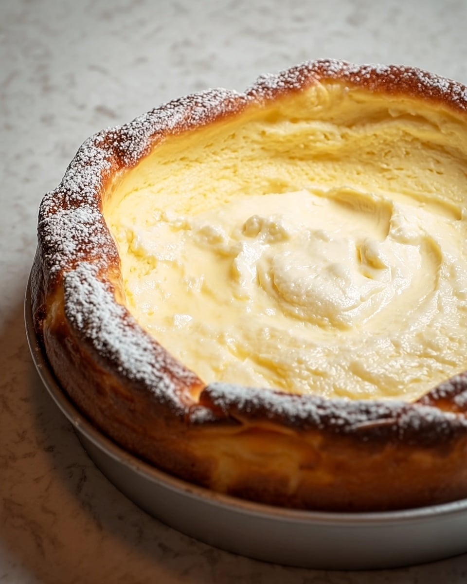 A round cheesecake with a thick golden-brown crust stands tall in a white round pan. The creamy filling inside is pale yellow and smooth, with soft swirls and gentle peaks covering the whole top surface. The edges of the cheesecake have a light dusting of white powdered sugar. The pan sits on a white marbled texture, with soft light that highlights the rich and creamy texture of the filling. photo taken with an iphone --ar 4:5 --v 7