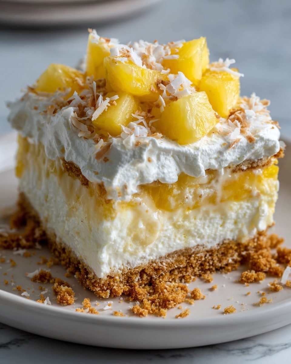 A square dessert in a white dish shows three layers: the bottom layer is a crumbly golden-brown crust, thick and even; the middle layer is thick, fluffy, and creamy white with small pineapple pieces visible inside; the top layer is a white whipped cream spread with chunks of yellow pineapple and white shredded coconut scattered on top. Some crumbs and pineapple pieces are scattered around the empty part of the dish, with a white marbled surface underneath. photo taken with an iphone --ar 4:5 --v 7