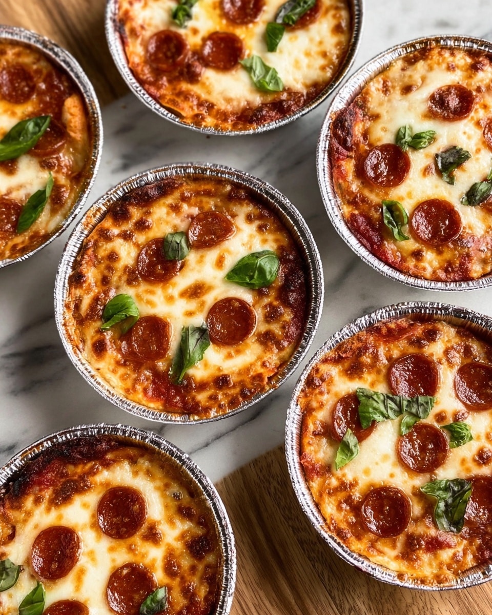 The image shows six small round pizzas in shiny silver foil cups placed on a white marbled texture. Each pizza has a golden-brown crust around the edges, topped with a layer of melted white cheese that is bubbly and slightly browned in spots. On top of the cheese are small, round pepperoni slices with a reddish color and some heat marks, and scattered green basil leaves adding fresh color. The pizzas sit close together, and the overall look is warm and inviting with the contrast of the shiny foil and the fresh basil leaves. photo taken with an iphone --ar 4:5 --v 7