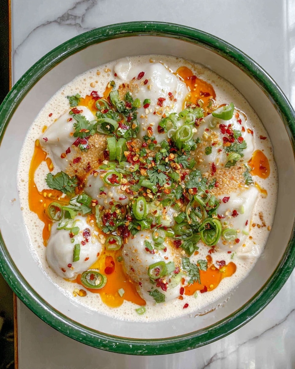 The dish is served in a white bowl with a green rim, filled with a creamy white sauce that covers the base. On top, there are several soft, white dumplings or poached items arranged in the center. A bright orange oil or chili oil is drizzled around and on top of the dumplings, creating contrast with the white sauce. The dish is sprinkled with finely chopped green herbs and sliced green onions, adding pops of green color. There are also red chili flakes scattered evenly over the top. The bowl sits on a surface with a white marbled texture. photo taken with an iphone --ar 4:5 --v 7