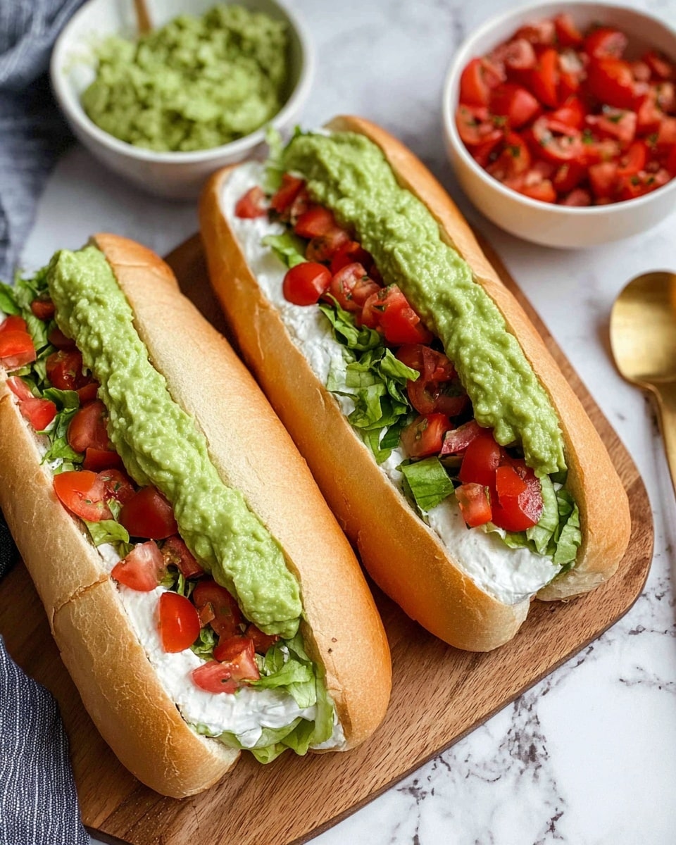 Two long sandwiches sit side by side on a wooden board over a white marbled texture. Each sandwich has a soft, light brown bun sliced open lengthwise. Inside the buns, the base layer is a thick spread of white creamy sauce, topped with a sprinkle of chopped green leafy lettuce, followed by bright red diced tomatoes. The top layer is a generous strip of smooth green guacamole. Around the board, there are two white bowls – one filled with more bright green guacamole and the other with diced red tomatoes. A gold spoon rests near the sandwiches. photo taken with an iphone --ar 4:5 --v 7