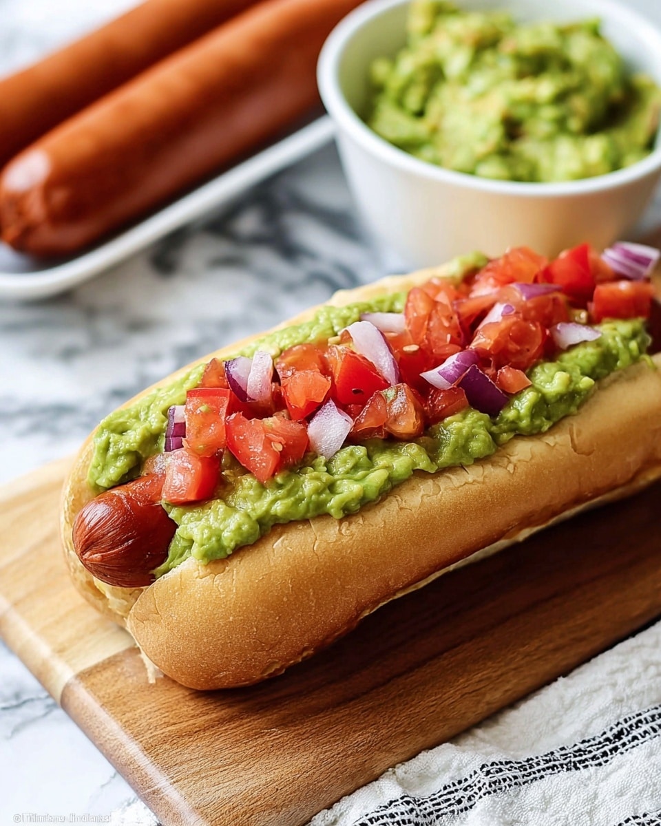 A hot dog in a soft, light brown bun sits on a wooden board placed on a white marbled surface. The hot dog has two main layers of topping: the bottom layer is a mix of bright red diced tomatoes with small pieces of purple onion scattered on top, and the top layer is a generous portion of chunky, green guacamole spread unevenly along the length of the hot dog. In the background, a white bowl filled with guacamole and two plain cooked sausages are visible. A white cloth with black lines is partly underneath the wooden board. Photo taken with an iphone --ar 4:5 --v 7