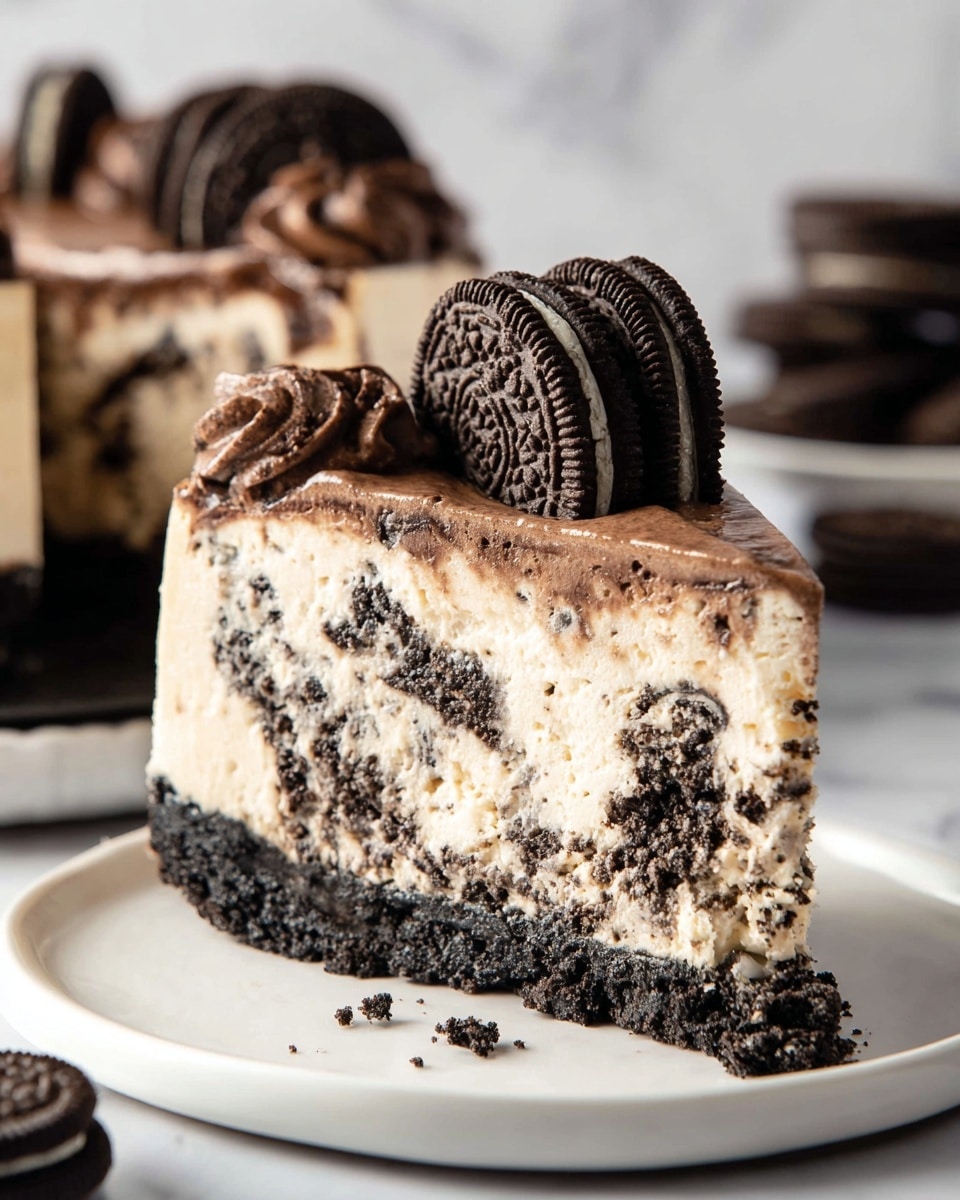 A close-up of a thick slice of cookies and cream cheesecake sits on a white plate with a white marbled surface underneath. The dessert has three main layers: the bottom layer is dark, crumbly and dense chocolate cookie crust; the middle layer is a thick, creamy beige cheesecake with visible black cookie chunks swirled throughout; and the top layer is a smooth, rich chocolate frosting. Two whole chocolate sandwich cookies are placed upright on top of the chocolate frosting, adding an extra decorative touch. The background shows a blurred view of the rest of the cheesecake and a few more cookies. Photo taken with an iphone --ar 4:5 --v 7