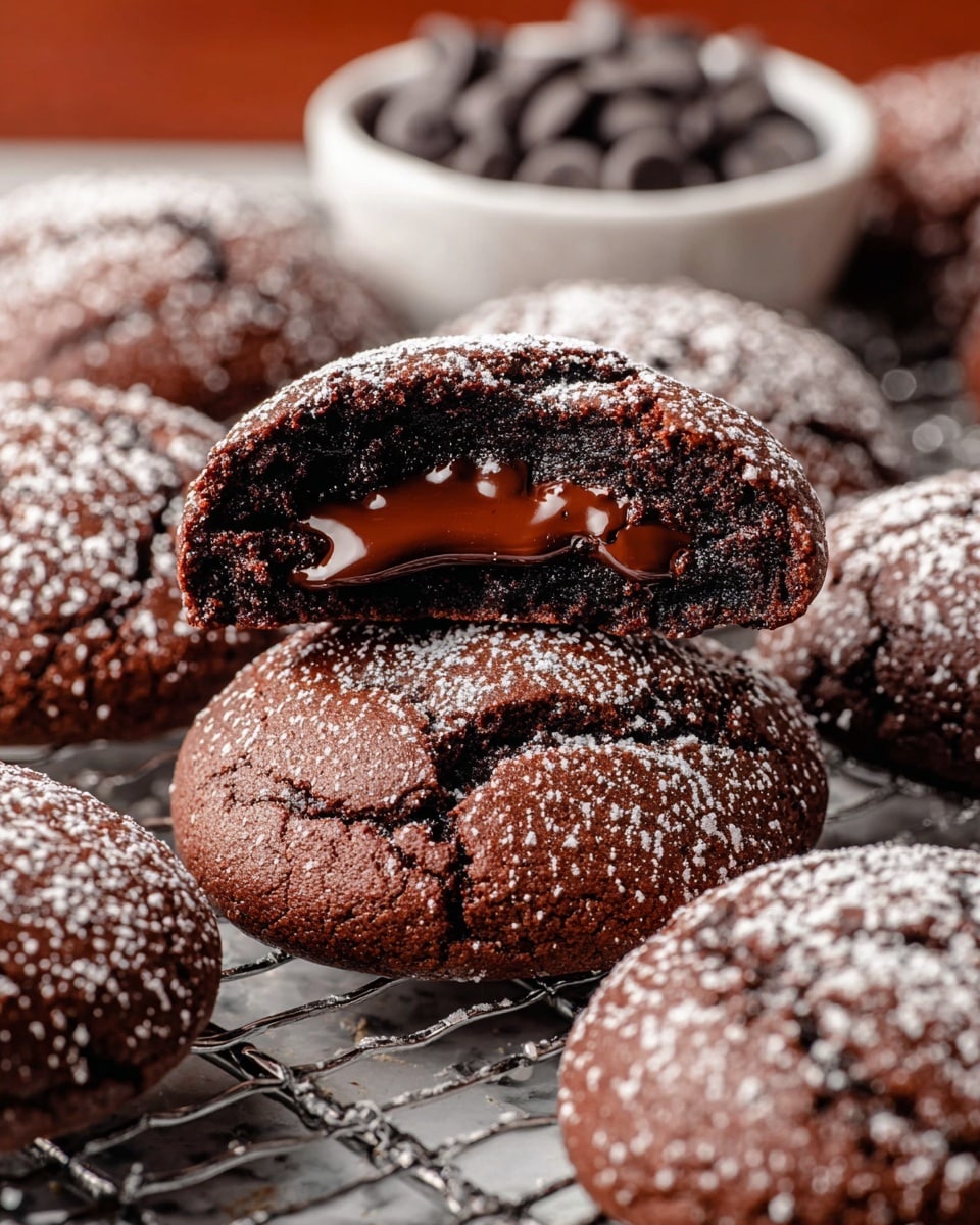 The image shows dark chocolate cookies dusted with powdered sugar, arranged on a cooling rack on a white marbled surface. One cookie is broken in half and stacked with a visible thick, molten chocolate filling in the center, showcasing a rich, glossy, and gooey texture. The cookies have a slightly cracked top with a matte finish, and the powdered sugar adds a light contrast with a sprinkle effect. In the background, there is a white bowl full of round dark chocolate chips, slightly blurred to keep focus on the cookies. photo taken with an iphone --ar 4:5 --v 7