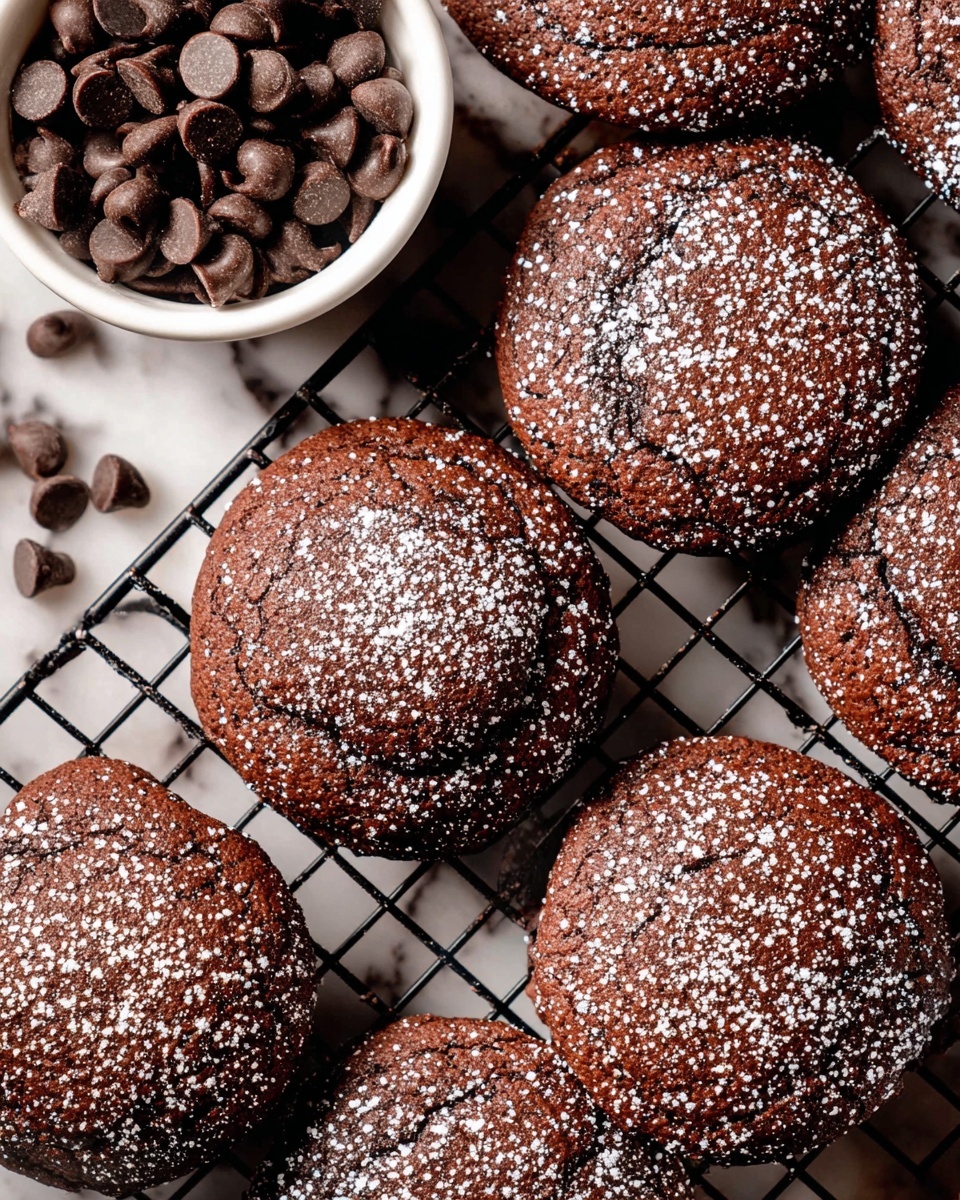 The image shows several round, thick chocolate cookies cooling on a black wire rack over a white marbled surface. Each cookie has a dark brown color, a soft, slightly cracked texture, and is dusted unevenly with white powdered sugar, giving a speckled look on top. In the upper left corner, there is a small white bowl filled with smooth, shiny dark chocolate chips. The cookies and bowl are arranged closely, creating a warm, cozy feel. photo taken with an iphone --ar 4:5 --v 7