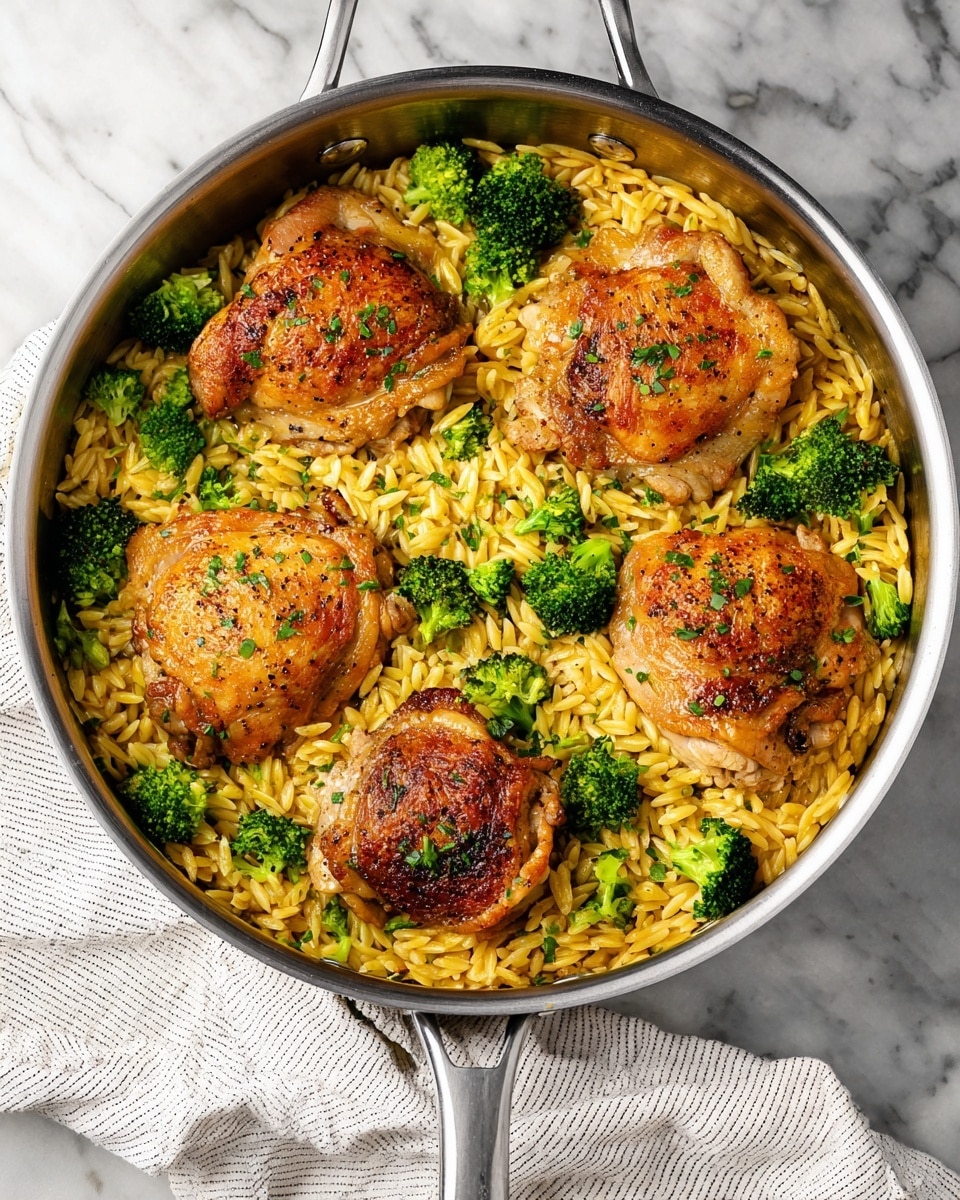 A stainless steel pan filled with a dish showing four browned chicken thighs placed evenly on top of a single layer of yellow, creamy orzo pasta mixed with bright green broccoli florets scattered throughout. The chicken thighs have a crisp, seasoned skin with a slight sprinkle of chopped green herbs for garnish. The orzo pasta has a soft, smooth texture and surrounds each chicken piece, creating a balanced look. The pan rests on a white marbled surface with a white and gray striped cloth draped nearby. photo taken with an iphone --ar 4:5 --v 7