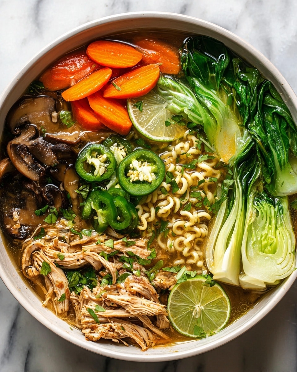This image shows a bowl filled with a colorful noodle soup. The bottom layer is a clear broth with small herbs floating on top. On the top right, there are whole baby bok choys with green and pale green leaves. To the right center, there are curly light-colored noodles floating in the broth near slices of lime and green jalapeno peppers. The top left side has thin orange carrot sticks and brown mushroom slices. At the bottom left, there are shredded pieces of cooked chicken sprinkled with fresh green herbs. The bowl is white, and the background has a white marbled texture. Photo taken with an iphone --ar 4:5 --v 7