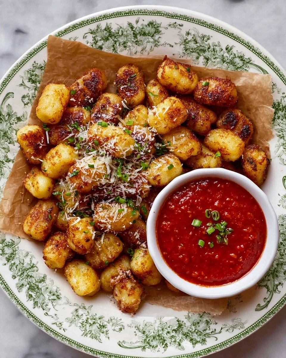 A white plate with green floral patterns holds a layer of crinkled brown parchment paper, topped with golden-brown crispy gnocchi pieces that have a slightly charred, crunchy texture. The gnocchi are sprinkled with small bits of green herbs and a light dusting of grated cheese. On the right side of the plate, there is a small white bowl filled with thick, bright red marinara sauce, also garnished with tiny green herb pieces. The plate is placed on a white marbled surface. photo taken with an iphone --ar 4:5 --v 7