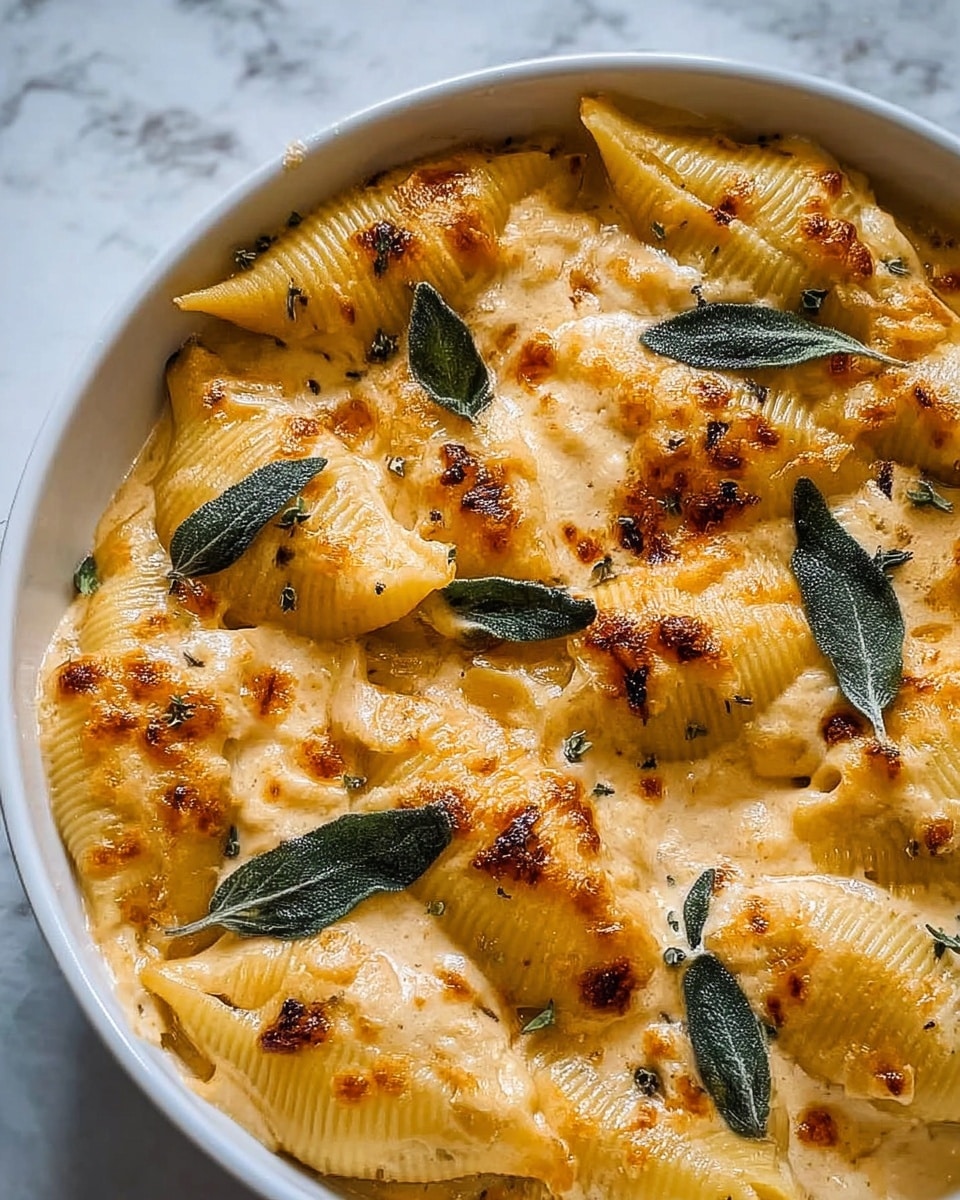 The image shows a white bowl filled with stuffed pasta shells covered in creamy, golden-brown cheese sauce. The pasta shells are large, smooth, and slightly yellow, layered evenly throughout the bowl. The cheese sauce has a bubbly, melted texture with browned spots on top, creating a rich, slightly crusty layer. Scattered over the pasta are several fresh sage leaves, adding a dark green color contrast. The bowl sits on a white marbled texture surface. photo taken with an iphone --ar 4:5 --v 7