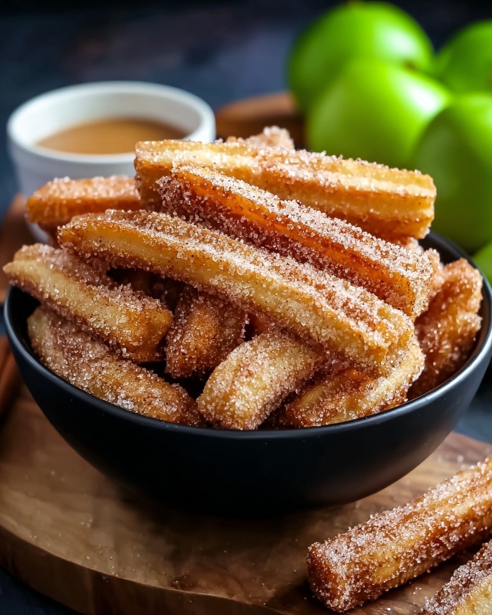 A black bowl filled with many golden brown churros sticks covered in sugar crystals and cinnamon powder, stacked unevenly so some churros lean on each other while a few stand out more on top; the sugary texture shines from the close view. The bowl is on a round wooden board, with a small white bowl of light brown caramel sauce barely visible to the left, and fresh green apples blurred in the background. photo taken with an iphone --ar 4:5 --v 7