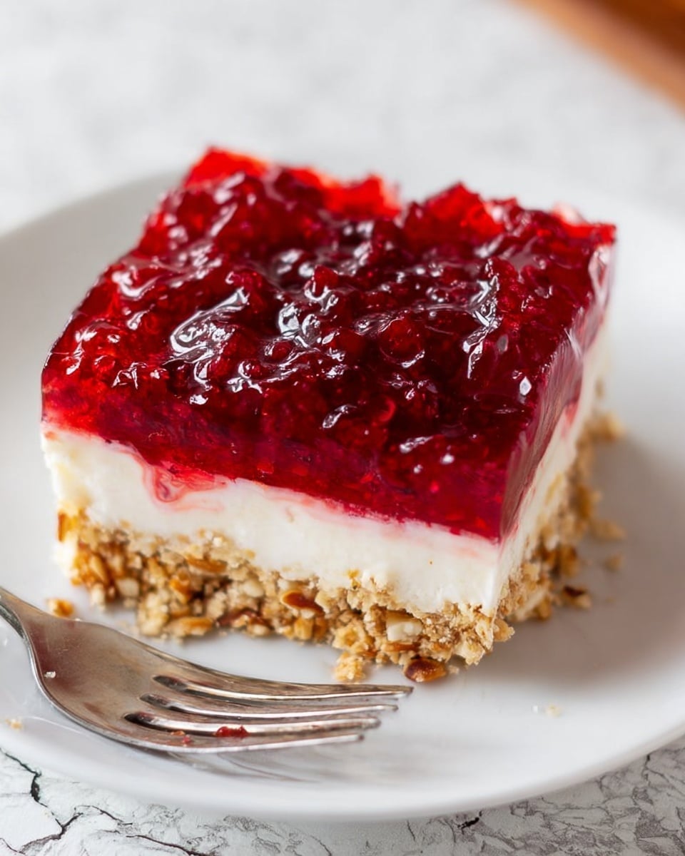 A square slice of dessert on a white plate shows three clear layers. The bottom layer is a crumbly, light brown crust with bits of nuts visible, looking crunchy. The middle layer is thick and creamy white, soft and smooth in texture. The top layer is a shiny, bright red fruit jelly with pieces of fruit inside, giving it a bumpy and glossy look. A metal fork rests on the plate next to the dessert, and the background is a white marbled texture. photo taken with an iphone --ar 4:5 --v 7