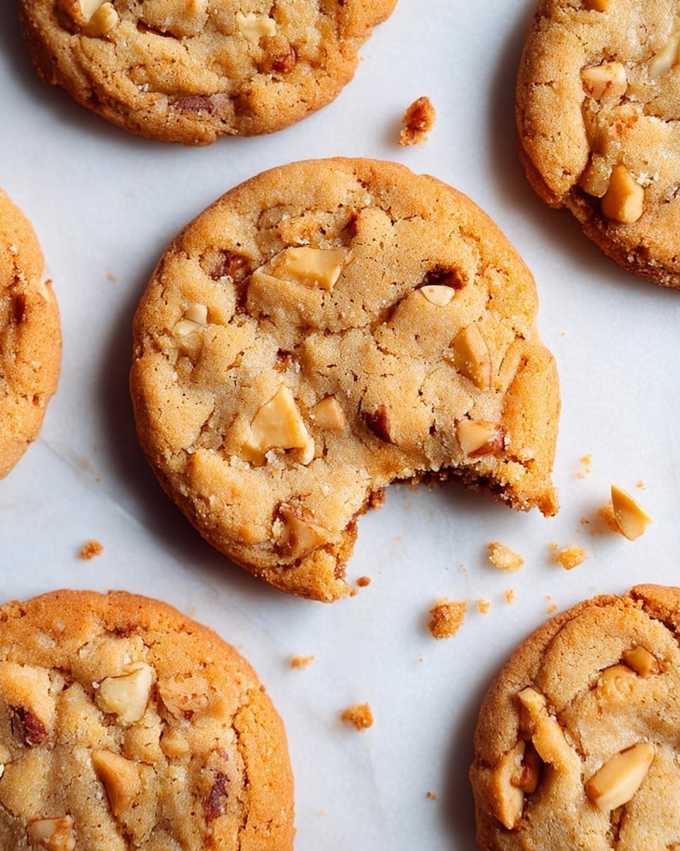 A close-up image showing multiple round cookies with a golden-brown color, each cookie having a slightly cracked surface and visible chunks of nuts embedded throughout. One cookie in the center has a bite taken out of it, revealing a soft, crumbly texture inside, with small crumbs scattered nearby on the white marbled surface. The cookies look thick and soft with a rough texture from the nut pieces, and the scene is softly lit to highlight their homemade look. photo taken with an iphone --ar 4:5 --v 7