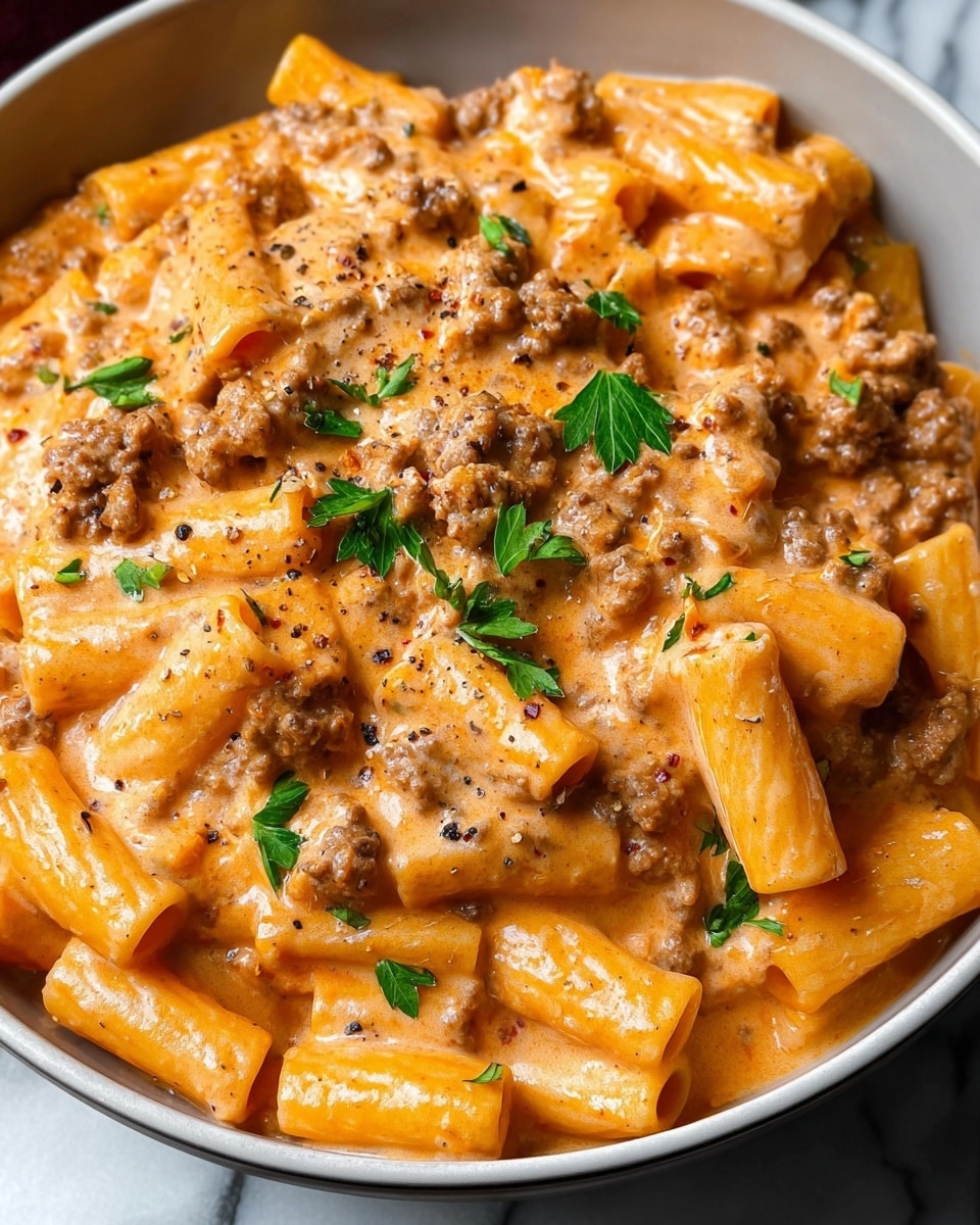 A close-up view of creamy beef pasta served in a white bowl, showing about two layers of rigatoni pasta tubes coated in a thick, orange-colored creamy sauce mixed with crumbled cooked ground beef in light brown shades. The sauce looks smooth and rich, covering the pasta evenly. Small green parsley leaves are scattered on top, adding a fresh pop of color. Tiny black pepper flakes are visible, lightly sprinkled over the dish, giving it texture and detail. The dish rests on a white marbled surface. photo taken with an iphone --ar 4:5 --v 7