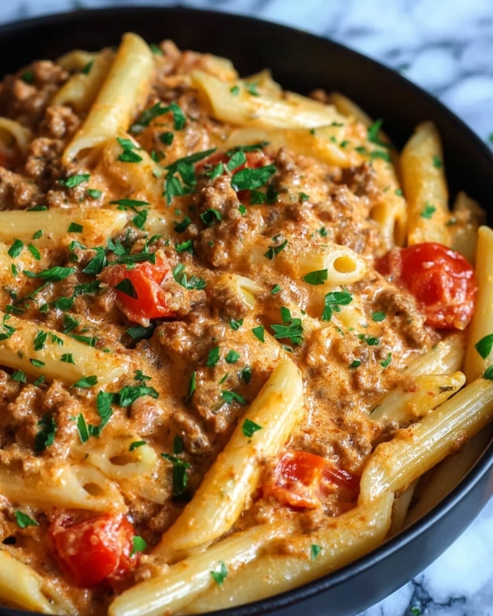A close-up view of a creamy pasta dish in a black bowl showing three main layers: the penne pasta layer that is pale yellow with smooth ridged texture, a rich orange-brown creamy sauce mixed with ground beef that looks dense and slightly crumbly, and bright red cherry tomato pieces scattered around. The dish is topped with small pieces of fresh green herbs evenly spread on the surface. The background is a white marbled texture. Photo taken with an iphone --ar 4:5 --v 7