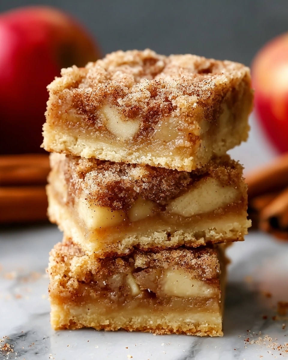 Three square apple cinnamon dessert bars are stacked on top of each other. Each bar has three layers: a light golden crumbly bottom crust, a thick middle layer filled with soft apple chunks mixed with a brown cinnamon-spiced filling, and a top layer sprinkled with fine cinnamon sugar giving a textured, slightly grainy look. The bars have a slightly moist appearance, with visible apple pieces peeking through the middle layer. The background is a white marbled texture, and cinnamon sticks along with a blurred red apple are faintly visible behind the stack. photo taken with an iphone --ar 4:5 --v 7