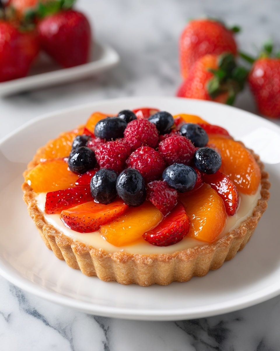 A fruit tart with five visible layers starts with a light brown crust base at the bottom. On top of the crust is a smooth, pale cream layer. The third layer is a circular ring of shiny orange peach slices facing outward, creating a bright, glossy band. Inside this ring, there is a layer of shiny red strawberries whole or halved, forming another ring. At the center, a mix of dark blue blueberries and shiny red raspberries fills the space, giving a contrasting pop of color. The tart is on a white plate on a white marbled surface with some strawberries around the plate. photo taken with an iphone --ar 4:5 --v 7