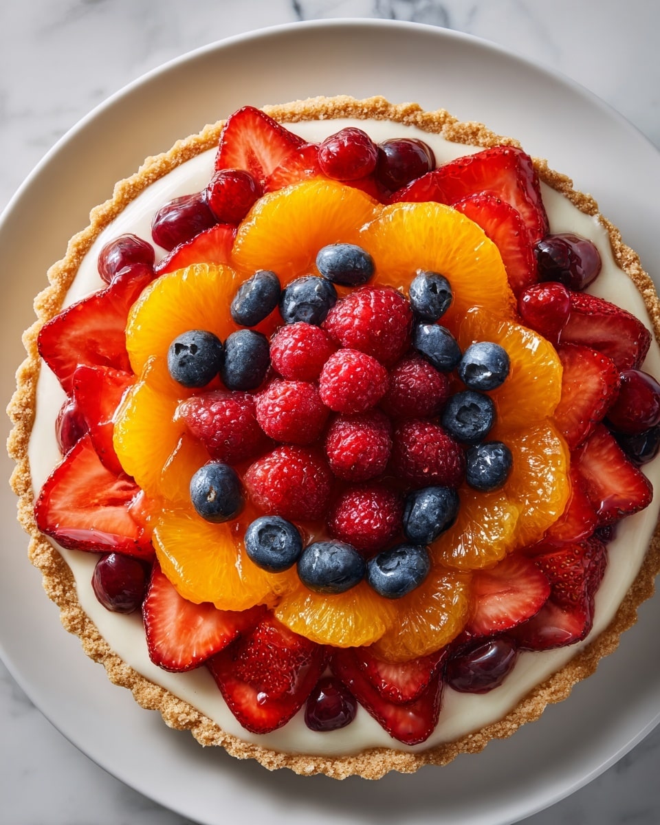 A round fruit tart with three main layers is shown on a white plate, placed on a white marbled surface. The bottom layer is a golden brown crust with a slightly rough texture. The middle layer is a smooth, creamy white filling spread evenly inside the crust. The top layer is made of fresh fruits arranged in concentric circles: the outer circle consists of halved red strawberries with blueberries in between, the middle circle is made up of shiny orange mandarin slices, and the inner circle contains whole small red raspberries with a cluster of blueberries in the center. All fruits have a glossy, glazed finish. Photo taken with an iphone --ar 4:5 --v 7
