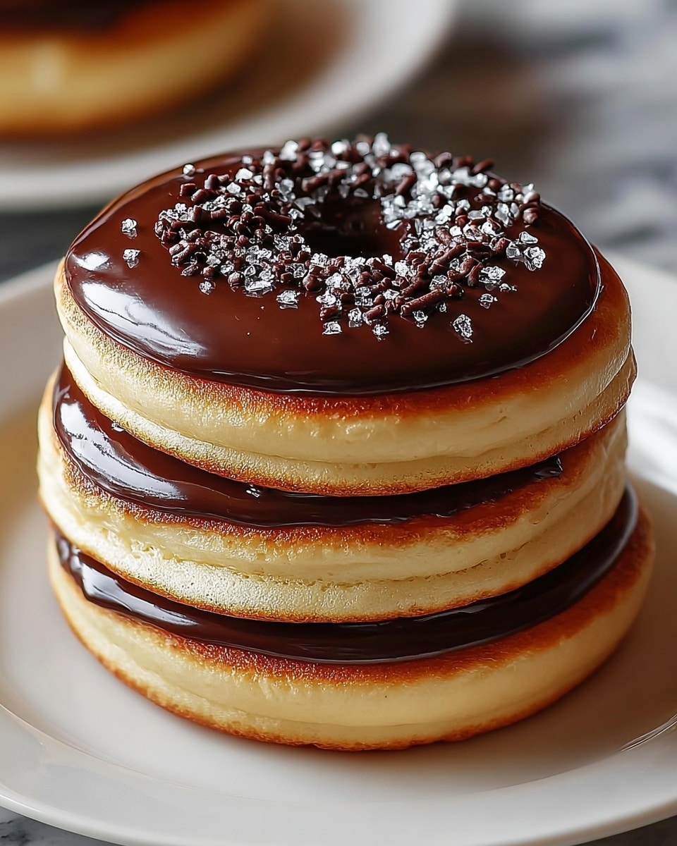 A stack of three thick, round pancakes with golden-brown edges is shown on a white plate. Each pancake has a smooth, glossy layer of dark chocolate covering its top surface, making a shiny contrast with the soft, light tan of the pancake beneath. The top pancake has a small hollow center filled with a cluster of dark chocolate drizzle sprinkled with white sugar crystals, adding texture and sparkle. The plate rests on a white marbled surface, and the image focuses sharply on the stack’s rich colors and textures. photo taken with an iphone --ar 4:5 --v 7