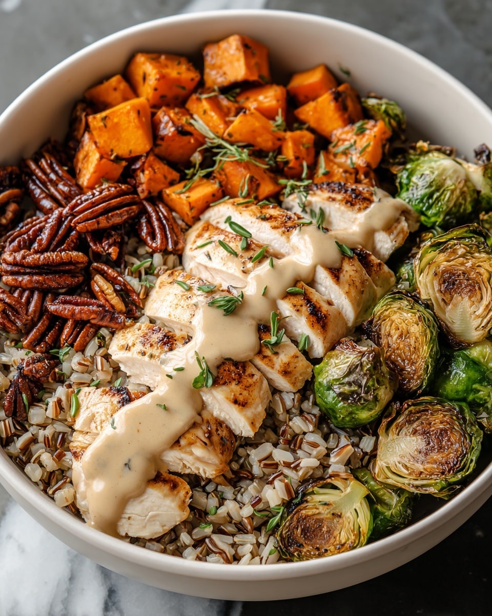 A bowl filled with a base layer of mixed grains in light brown and beige colors, topped with a layer of roasted orange sweet potato chunks mixed with dark brown pecans on one side. On the other side, there are toasted green Brussels sprouts cut in halves with some browning on the edges. In the center, sliced grilled chicken breast with a light golden brown sear is placed, drizzled with a creamy light tan sauce and sprinkled with small green herb pieces. The bowl is white, set on a white marbled surface. photo taken with an iphone --ar 4:5 --v 7