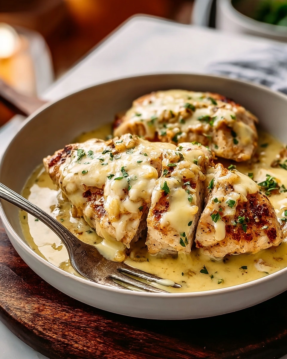 In a white bowl, there are three pieces of cooked chicken breast stacked slightly overlapping, each piece browned on the edges with a creamy, light yellow melted cheese sauce covering the top and sides. The sauce has a thick texture with visible small chunks and is sprinkled with finely chopped green herbs. The chicken sits in a shallow pool of the same sauce, and a metal fork rests on the edge of the bowl, partially inserted into the dish. The bowl is placed on a dark wooden round board, and the background has a soft, white marbled texture with some blurred elements in warm light. Photo taken with an iphone --ar 4:5 --v 7
