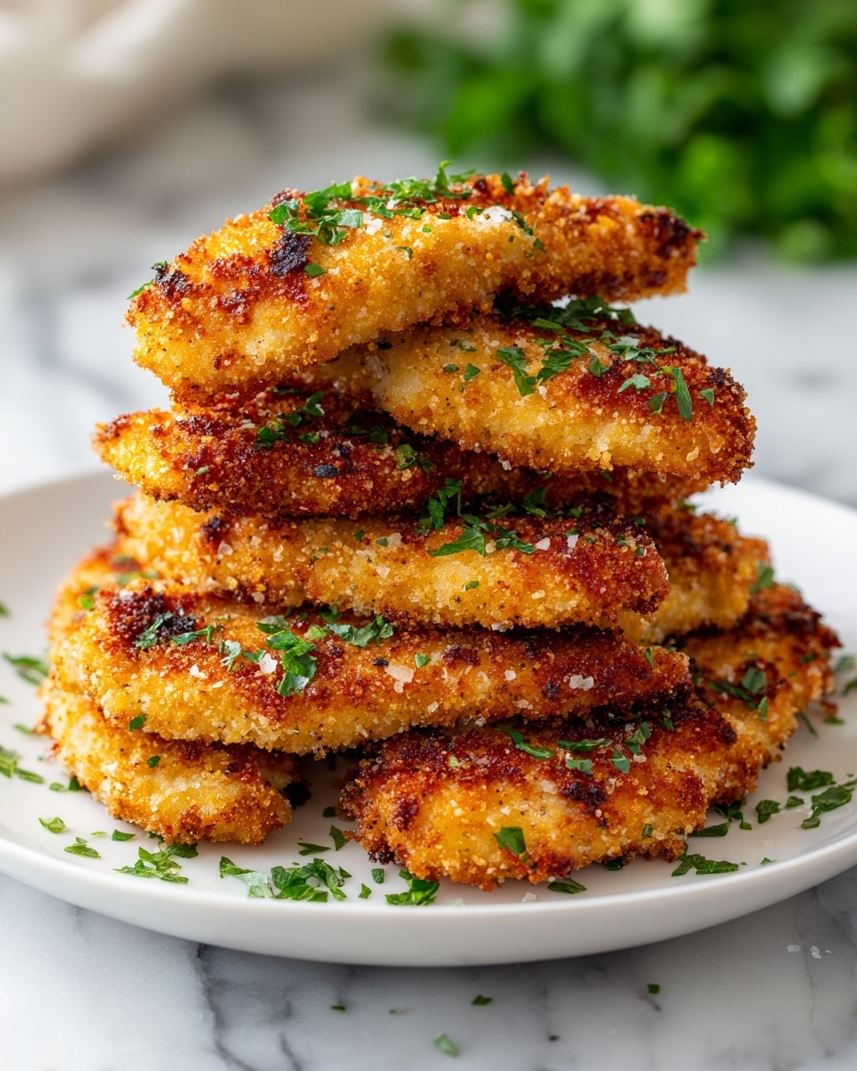 A white plate holds a stack of seven breaded chicken tenders arranged in a casual pile. Each tender is golden brown with a crispy, crunchy texture showing some darker, toasted spots. They are garnished with small, bright green chopped herbs scattered on top and around the plate. The plate sits on a white marbled surface with more green herbs blurred in the background, adding freshness to the scene. photo taken with an iphone --ar 4:5 --v 7