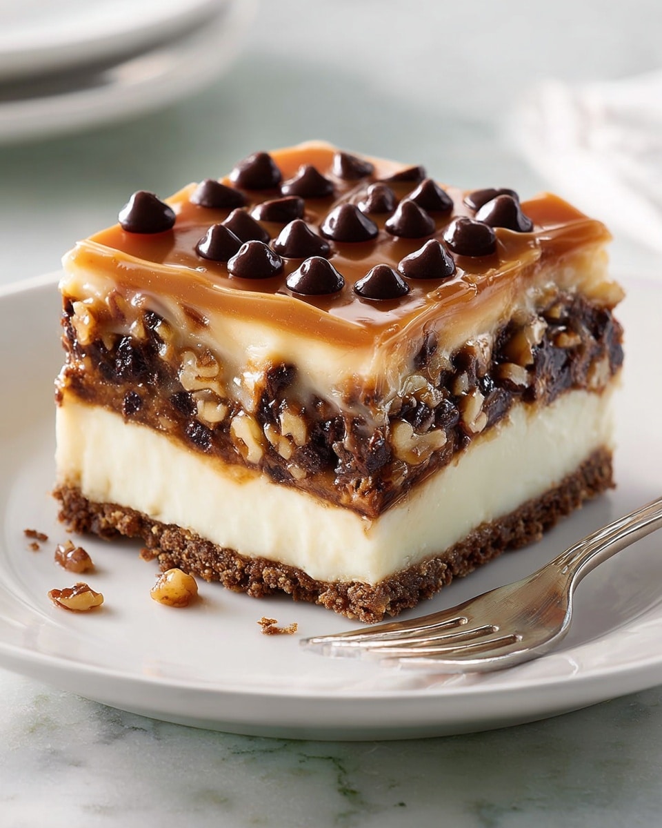 A square slice of dessert with four visible layers sits on a white plate with a fork beside it. The bottom layer is a dark brown crust with a slightly rough texture and some small nut pieces. Above this is a thick creamy white layer that looks smooth and dense. Next is a rich, gooey layer of chocolate mixed with nuts, appearing sticky and textured. The top layer is a light caramel-colored glaze that is glossy and smooth, topped with small, shiny dark chocolate chips scattered evenly. The plate rests on a white marbled texture surface. photo taken with an iphone --ar 4:5 --v 7