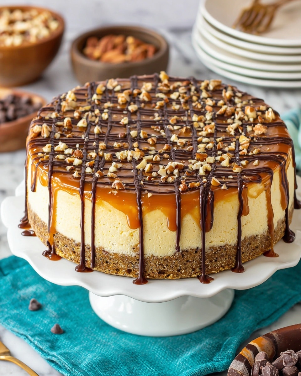 A round cake with three visible layers sits on a white ceramic plate with a scalloped edge, placed on a teal cloth over a white marbled surface. The bottom layer is a thick crumbly golden brown crust. The middle layer is a smooth, creamy pale yellow cheesecake. The top layer is a shiny amber caramel glaze, dripping down the sides in uneven streams. Dark brown chocolate is drizzled in thin lines across the caramel surface, creating a crisscross pattern. The cake top is sprinkled with small chunks of light brown nuts scattered evenly. In the blurry background, there are bowls of nuts and chocolate chips along with stacked white plates and wooden forks. photo taken with an iphone --ar 4:5 --v 7