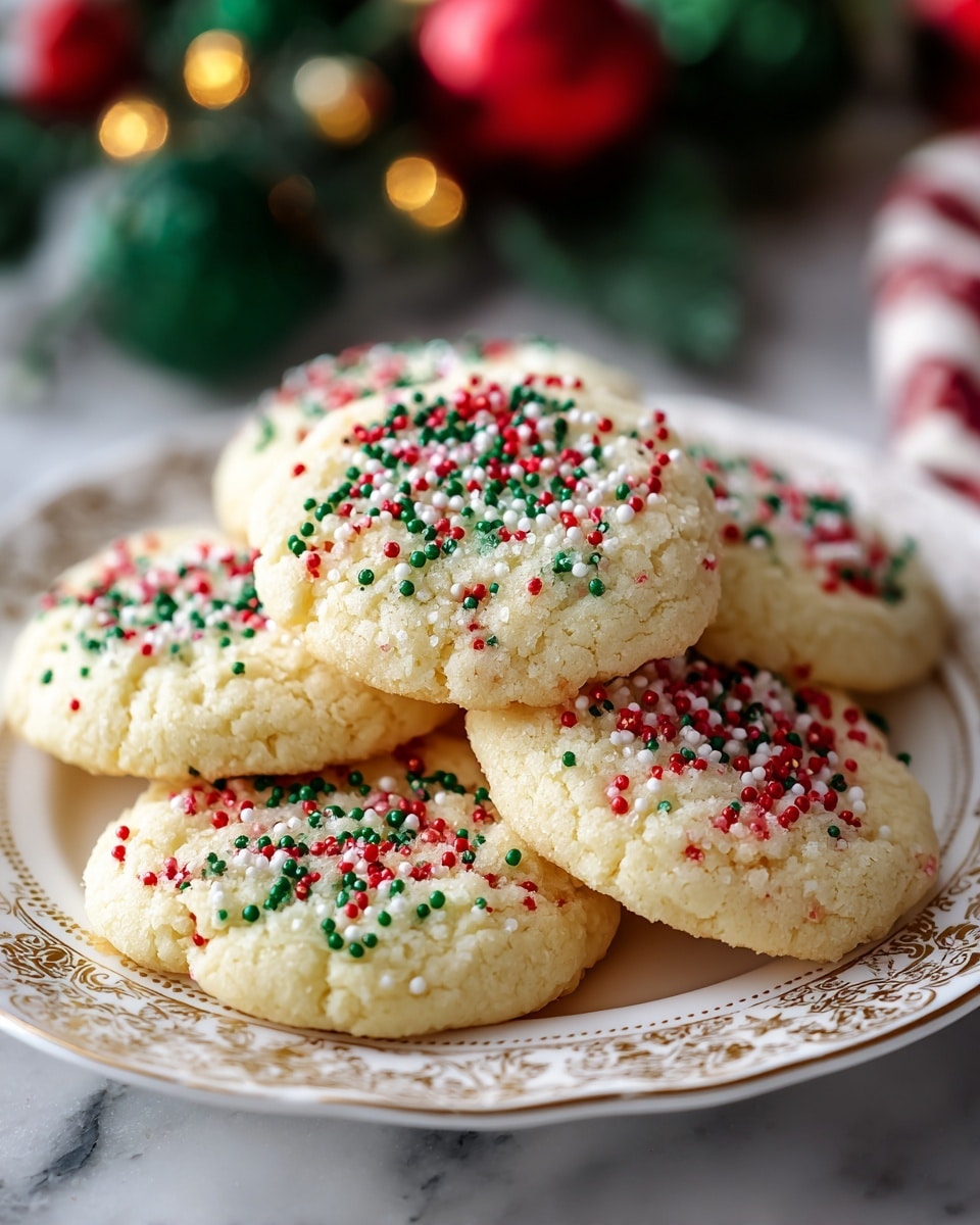 A close-up view of a stack of round, soft-looking sugar cookies on a white plate with a gold-patterned rim, each cookie pale creamy yellow in color and lightly textured, topped with red, green, white, and black small round sprinkles set in three parallel indentations across the center of each cookie. The background shows a hint of green and red holiday decoration blurred behind the plate, with the whole scene set on a white marbled surface. photo taken with an iphone --ar 4:5 --v 7