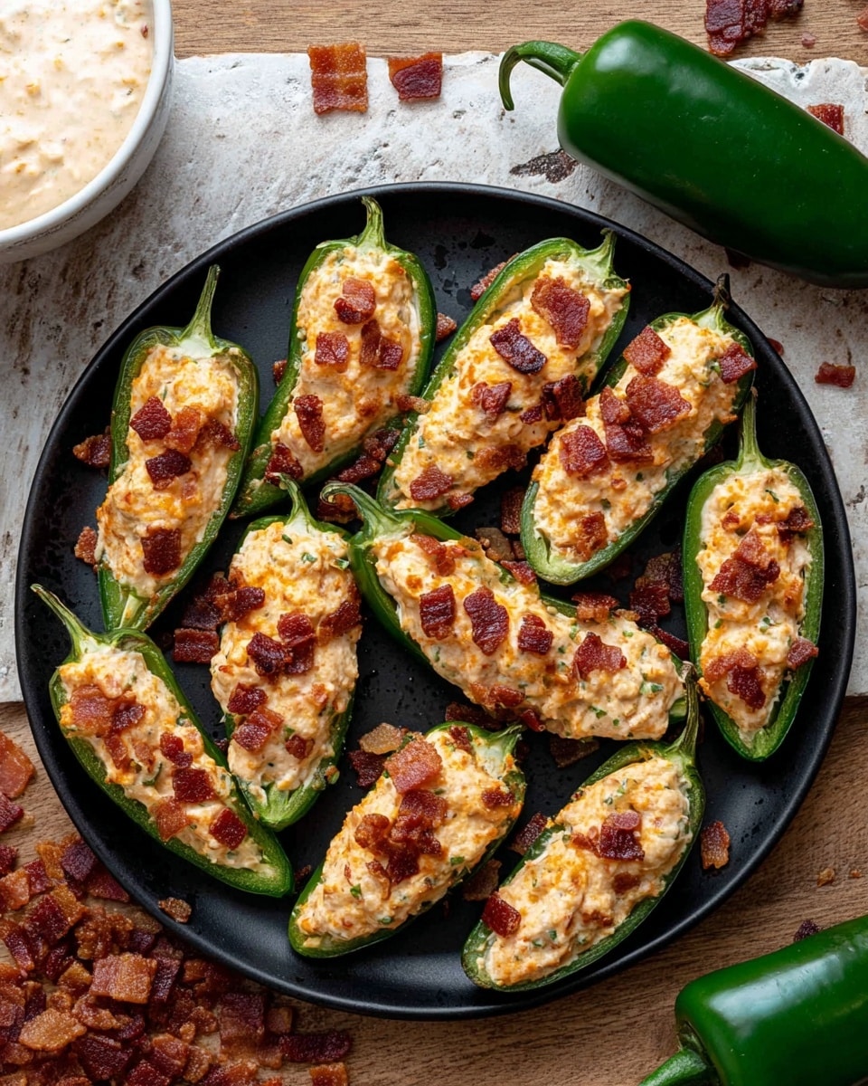 The image shows a black round plate filled with 14 jalapeño halves, each one stuffed with a creamy mixture that is light orange in color. The stuffed jalapeños are topped with small crispy brown-red bacon pieces scattered evenly. The green skin of the jalapeños contrasts with the creamy filling and bacon on top. Around the plate, there are loose pieces of bacon bits on a brown wooden surface with a white marbled texture, and on the top left corner, a white bowl with a creamy dip is partially visible. Two whole green jalapeños rest on the right side of the plate. photo taken with an iphone --ar 4:5 --v 7